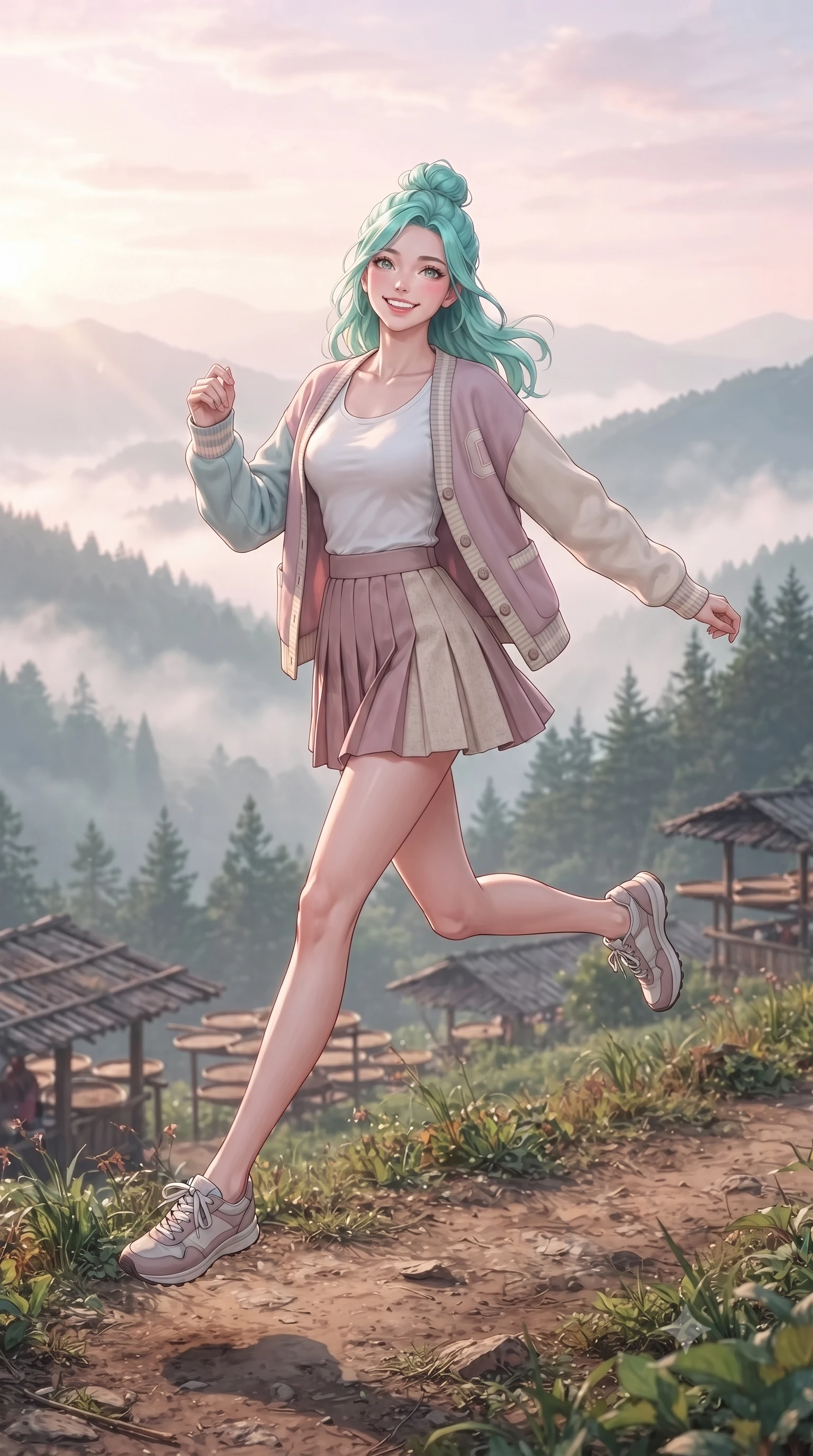 score_9, masterpiece, best quality, ultra-detailed, high-budget anime keyframe, editorial fashion photography, tasteful artistic composition, Japanese woman. low angle full-body shot from head to toe showing her feet, filling the entire 9:16 vertical frame with her statuesque presence, stretching her vertical silhouette. leaping with lighthearted youthful energy across the natural path with a dazzling bright smile and balanced athletic poise while gazing across layers of misty mountain ridges with sparkling, hopeful eyes and a radiant expression. The composition keeps background elements in soft focus with creamy bokeh. distant pine-covered mountain peaks and rustic tea drying pavilions softened in atmospheric depth. She has an absolutely perfect, statuesque 8.5-heads proportion, an exceptionally tall and slender model-like female figure with impossibly long slender legs, a toned flat midriff, and an ultra-slim waist. sharp v-shaped jawline, high-bridge nose, intricate jewel-like eyes with depth, thick eyelashes, glossy lips with a natural sheen, pure and lovely fresh girlhood expression, flawlessly proportioned anatomical accuracy, strict slender model proportions, natural body alignment, perfectly sculpted long slender limbs, ultra-slim waistline, clean dynamic posture without body distortion. wearing a chic pastel varsity cardigan over a simple white scoop-neck tee and a pleated mini skirt in soft dusty rose and oatmeal beige, made of comfortable premium stretch denim and airy cotton-jersey, accented with soft smocked elastic details and ruffled cuff trims, the chic real-way fashion cut emphasizing her effortless charm, flat midriff, and slender model proportions. bathed in soft pastel pink and golden dawn sunrise light breaking through rolling morning mist. ultra-reflective glossy finish, specular highlights, rich natural textures, high-contrast stereoscopic depth, volumetric dynamic lighting, 2k, ultra detail, master piece, 9:16 ratio