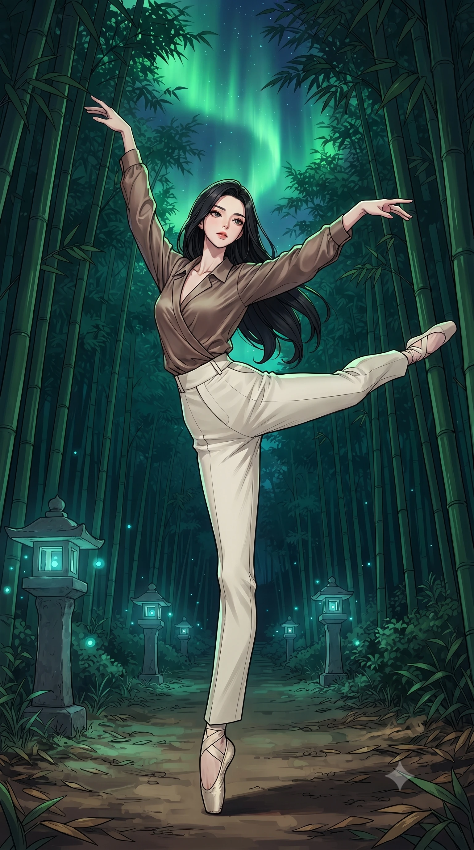 score_9, masterpiece, best quality, ultra-detailed, high-budget anime keyframe, gorgeous anime illustration, with clean line-art, distinct ink outlines, and high-contrast stereoscopic depth, Korean woman. low angle full-body shot from head to toe showing her feet, filling the entire 9:16 vertical frame with her statuesque presence, stretching her vertical silhouette. twirling with balletic elegance inside walking along a path in a bamboo forest at night, illuminated by stone lanterns containing glowing blue fireflies, a green aurora borealis visible through the bamboo canopy. She has a statuesque 8.5-heads proportion, an exceptionally tall, slender and willowy model-like build with impossibly long legs and a highly sculpted ultra-slim waist. sharp v-shaped jawline, high-bridge nose, intricate jewel-like eyes with depth, thick eyelashes, glossy lips with a natural sheen. wearing a wrap-style silk blouse in a warm mocha shade, tucked into high-waisted ivory linen trousers. cool green aurora light from above combined with soft blue-green light from the firefly lanterns. 2k, ultra detail, master piece, 9:16 ratio, highly saturated vibrant anime colors, detailed cel-shading with soft gradients, rich glossy textures, deep contrast, volumetric dynamic lighting, 2d animation style