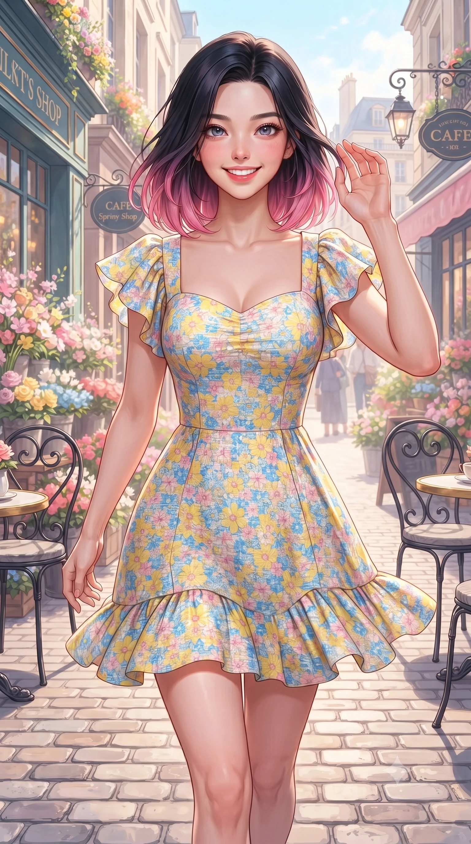 score_9, masterpiece, best quality, ultra-detailed, high-budget anime keyframe, editorial fashion photography, tasteful artistic composition, Korean woman. close-up cowboy shot from the waist and thighs up, the character dominates the composition, filling the frame with her large presence. Playful cute expression with a warm smile and parted lips, looking right into the camera with vibrant energy while walking dynamically down a cobblestone European-style street lined with blooming spring flower shops. The surrounding environment is rendered in vivid detail and crisp panoramic clarity. intricate floral shop displays, wrought-iron cafe chairs, and crisp architectural details rendered in vivid clarity. She has an exceptionally elegant, slender, and willowy female figure with an ultra-slim waist, a gracefully sculpted slender torso, and a refined silhouette. sharp v-shaped jawline, high-bridge nose, intricate jewel-like eyes with depth, thick eyelashes, glossy lips with a natural sheen, flawlessly proportioned anatomical accuracy, natural body alignment, perfectly sculpted elegant limbs, clean dynamic posture without body distortion. wearing a bright floral print ruffle sundress with a gentle sweetheart neckline in sunny daffodil yellow and clear sky blue, tailored from soft pastel tweed with subtle metallic thread, featuring elegant flutter sleeves and a graceful square neckline, the breezy lightweight fabric fluttering softly against her delicate frame. bathed in brilliant morning sunshine and warm pastel flower shop ambient glow. ultra-reflective glossy finish, specular highlights, metallic sheen, high-contrast stereoscopic depth, volumetric dynamic lighting, 2k, ultra detail, master piece, 9:16 ratio