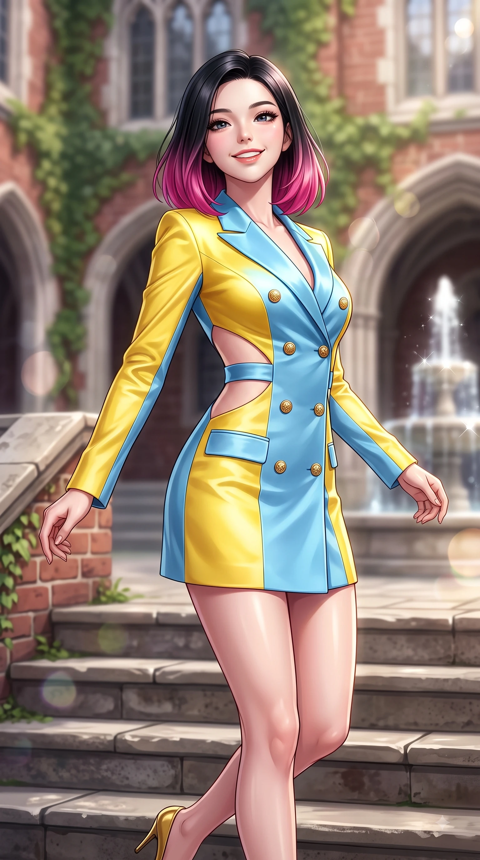 score_9, masterpiece, best quality, ultra-detailed, high-budget anime keyframe, editorial fashion photography, tasteful artistic composition, Korean woman. close-up cowboy shot from the waist and thighs up, the character dominates the composition, filling the frame with her large presence. Tilting her chin up with a sweet beaming smile of pure delight while balancing dynamically amidst the scene while pivoting dynamically on the stone steps of a red-brick ivy-draped hall with youthful grace. The composition keeps background elements in soft focus with dreamy bokeh. gothic campus arches and sparkling fountain water softened in gentle shallow focus. She has an exceptionally elegant, slender, and willowy female figure with an ultra-slim waist, a gracefully sculpted slender torso, and a refined silhouette. sharp v-shaped jawline, high-bridge nose, intricate jewel-like eyes with depth, thick eyelashes, glossy lips with a natural sheen, flawlessly proportioned anatomical accuracy, natural body alignment, perfectly sculpted elegant limbs, clean dynamic posture without body distortion. wearing a sleek double-breasted blazer dress with gold button accents in sunny canary yellow and clear sky blue, crafted from smooth liquid silk satin, complemented by clean architectural cutouts along her slender torso, the glove-like fit emphasizing her statuesque silhouette during motion. surrounded by an uplifting, fresh, and youthful academic ambiance. highly saturated vibrant anime colors, detailed shading with soft gradients, rich glossy textures, high-contrast stereoscopic depth, volumetric dynamic lighting, master piece, 9:16 ratio