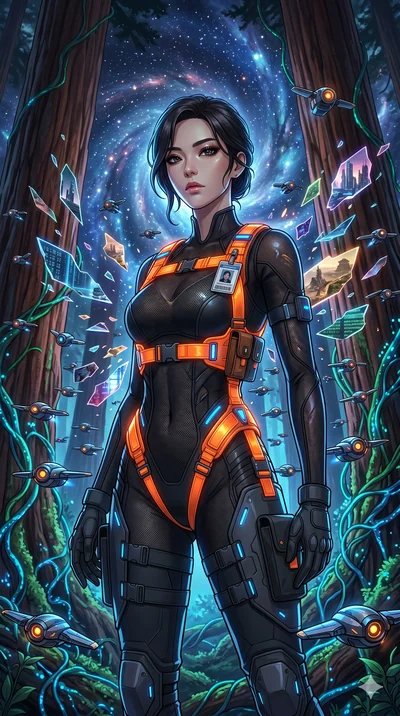 score_9, masterpiece, best quality, ultra-detailed, Set A: High-budget Anime Keyframe, Korean woman. Upper body close-up from the thighs up, character filling the screen for maximum presence. Theme: Primal Nature. shattering the fabric of reality in 