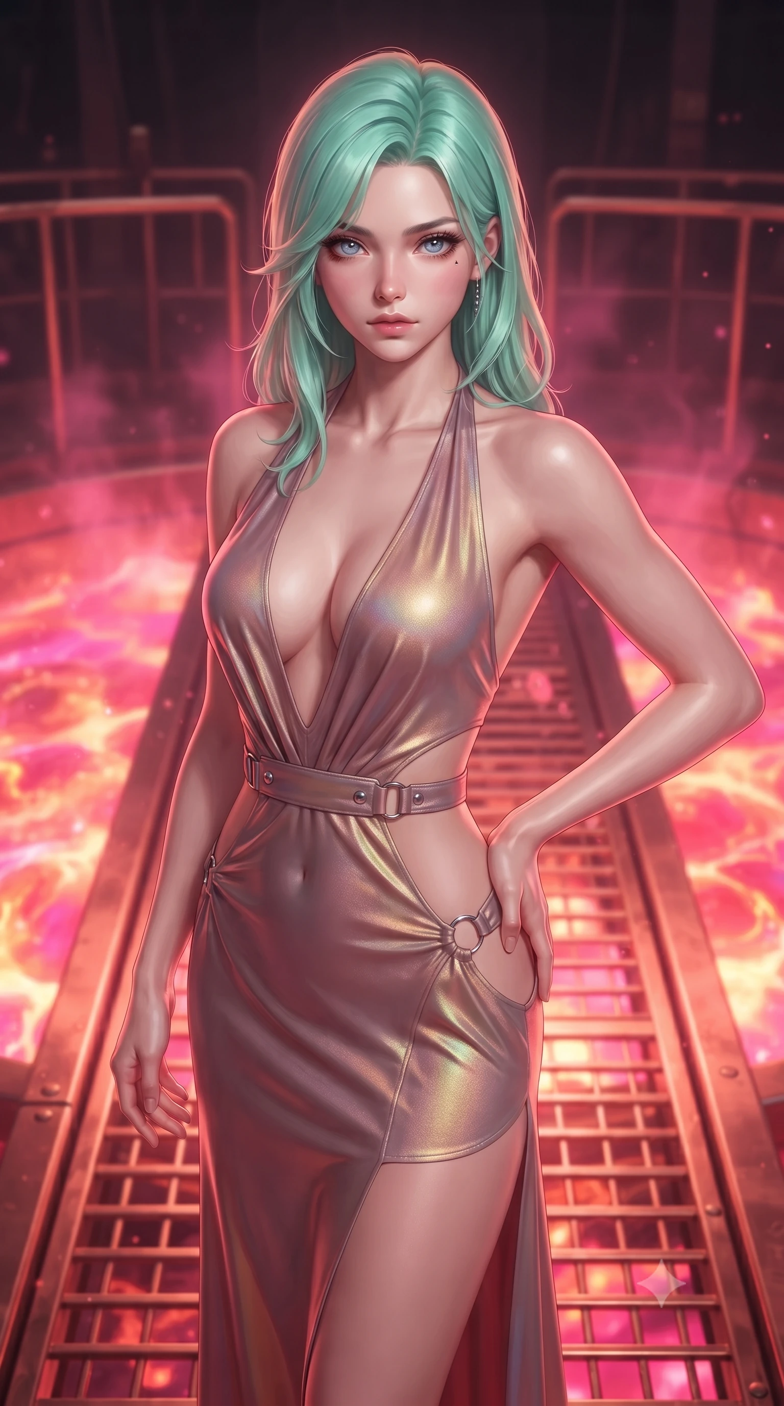 score_9, masterpiece, best quality, ultra-detailed, high-budget anime keyframe, editorial fashion photography, tasteful artistic composition, Japanese woman. close-up cowboy shot from the waist and thighs up, the character dominates the composition, filling the frame with her large presence, background elements kept in soft focus. Holding a confident power pose with one hand on her hip, gazing directly into the camera with quiet intensity standing on a copper cat-walk over a glowing vat of molten liquid aurora energy, boiling liquid aurora energy radiating intense hot pink and orange light. She has an exceptionally elegant, slender, and willowy female figure with an ultra-slim waist, a gracefully sculpted slender torso, and a refined silhouette. sharp v-shaped jawline, high-bridge nose, intricate jewel-like eyes with depth, thick eyelashes, glossy lips with a natural sheen. wearing a deep-scoop halter bodycon dress with hip cutouts connected by silver rings in dusty rose and champagne gold, crafted from iridescent chiffon that shifts colors in the light, detailed with polished silver buckles along the waistline, the tailored fabric tightly following every curve of her athletic build. bathed in hot pink and orange furnace glow with sharp bronze specular highlights. highly saturated vibrant anime colors, detailed shading with soft gradients, rich glossy textures, high-contrast stereoscopic depth, volumetric dynamic lighting, master piece, 9:16 ratio