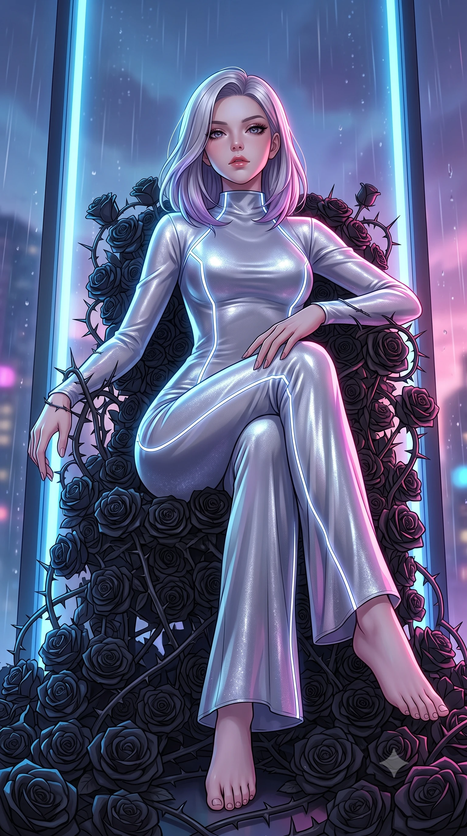 score_9, masterpiece, best quality, ultra-detailed, High-budget Anime Keyframe, Caucasian woman, strictly human ears. Low angle cowboy shot filling the entire 9:16 frame with her statuesque presence. Scenario 477: resting on a throne of black roses, thorns grazing her skin, in a glowing neon window at twilight with soft rain falling. Her presence is magnetic and overpowering in this high-budget anime scene. Outfit 477: a tailored liquid silver shimmering chiffon jumpsuit featuring a refined mock-neck collar and glowing LED seams. The clothing is designed to emphasize her exceptionally tall and slender 8-heads proportion. 8-heads proportion, towering silhouette, ultra-slim waist. sharp v-shaped jawline, intricate jewel-like eyes with depth, thick eyelashes, glossy lips. 2k, ultra detail, master piece, 9:16 ratio