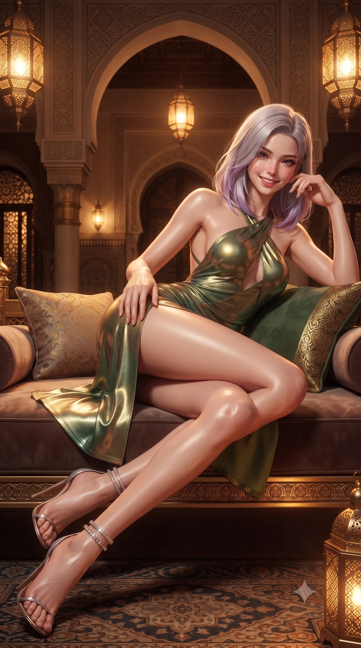 score_9, masterpiece, best quality, ultra-detailed, high-budget anime keyframe, editorial fashion photography, tasteful artistic composition, Caucasian woman. close-up cowboy shot from the waist and thighs up, the character dominates the composition, filling the frame with her large presence. tilting her head with a teasing half-smile, running one hand slowly down the side of her hip in a flirtatious S-curve as ambient light caresses her silhouette while reclining gracefully on the low velvet divan placed beneath the arched portico propped on one elbow, displaying her long slender limbs and statuesque hourglass silhouette with regal poise. The surrounding environment is rendered in vivid detail and crisp panoramic clarity: detailed fabric texture, gold metallic accents, and UNESCO heritage architectural relief in razor-sharp precision. She has an exceptionally elegant, slender, and willowy female figure with an ultra-slim waist, flat toned midriff, narrow ribcage, and sculpted feminine hips creating an alluring, slim hourglass silhouette without bulk. sharp v-shaped jawline, high-bridge nose, intricate jewel-like sparkling eyes with depth, thick eyelashes, glossy parted lips with a natural peach sheen, bright cheerful beaming smile with an enchanting and coquettish sensual glint, exuding both youthful cute charm and seductive allure, flawlessly proportioned anatomical accuracy, strict slender model proportions, natural body alignment, perfectly sculpted long slender limbs, ultra-slim waistline, clean dynamic posture without body distortion. wearing a backless liquid lamé mini dress with criss-cross spinal straps and daring side slit in Japanese hinoki cedar honey and Kyoto matcha jade, made of fluid liquid jersey with seamless sculpting hold and smooth contours, complemented by strappy stiletto sandals with crystal ankle wraps accentuating her slender calves, the impeccably tailored cut draping gracefully along her slender figure with aristocratic poise. bathed in the warm radiant 2600K amber illumination of antique pierced brass lanterns dimmed to an intimate evening glow. ultra-reflective glossy finish, specular highlights, rich textural contrasts, high-contrast stereoscopic depth, volumetric dynamic lighting, 2k, ultra detail, master piece, 9:16 ratio