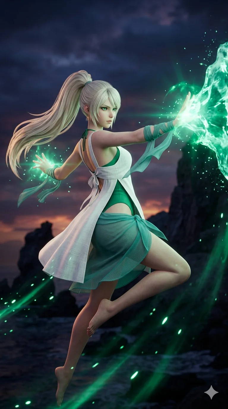 score_9, masterpiece, best quality, ultra-detailed, semi-realistic 3D game render, high-fidelity textures, Unreal Engine 5 style, Caucasian (strictly human ears) anime girl. Mid-air action shot capturing a graceful twist and vertical silhouette. summoning a massive tidal wave of emerald energy from her palms. She has an absolutely perfect 8-heads proportion, an exceptionally tall and slender female figure with an ultra-slim waist and impossibly long slender legs. strictly human anatomy, two legs only, no extra limbs, clearly defined legs and arms, perfect anatomy, perfect hands and fingers. sharp v-shaped jawline, high-bridge nose, intricate jewel-like eyes, thick eyelashes, glossy lips. Wearing Seasonal/Resort: High-cut one-piece with sarong, linen sundress with tie-back, and sheer fabric wrap. The scene is illuminated by dramatic atmospheric lighting and vibrant color palettes. , 2k, ultra detail, master piece, 9:16 ratio