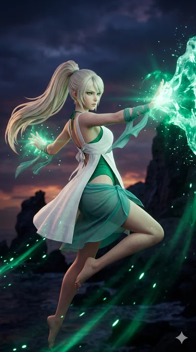 score_9, masterpiece, best quality, ultra-detailed, semi-realistic 3D game render, high-fidelity textures, Unreal Engine 5 style, Caucasian (strictly human ears) anime girl. Mid-air action shot capturing a graceful twist and vertical silhouette. summ