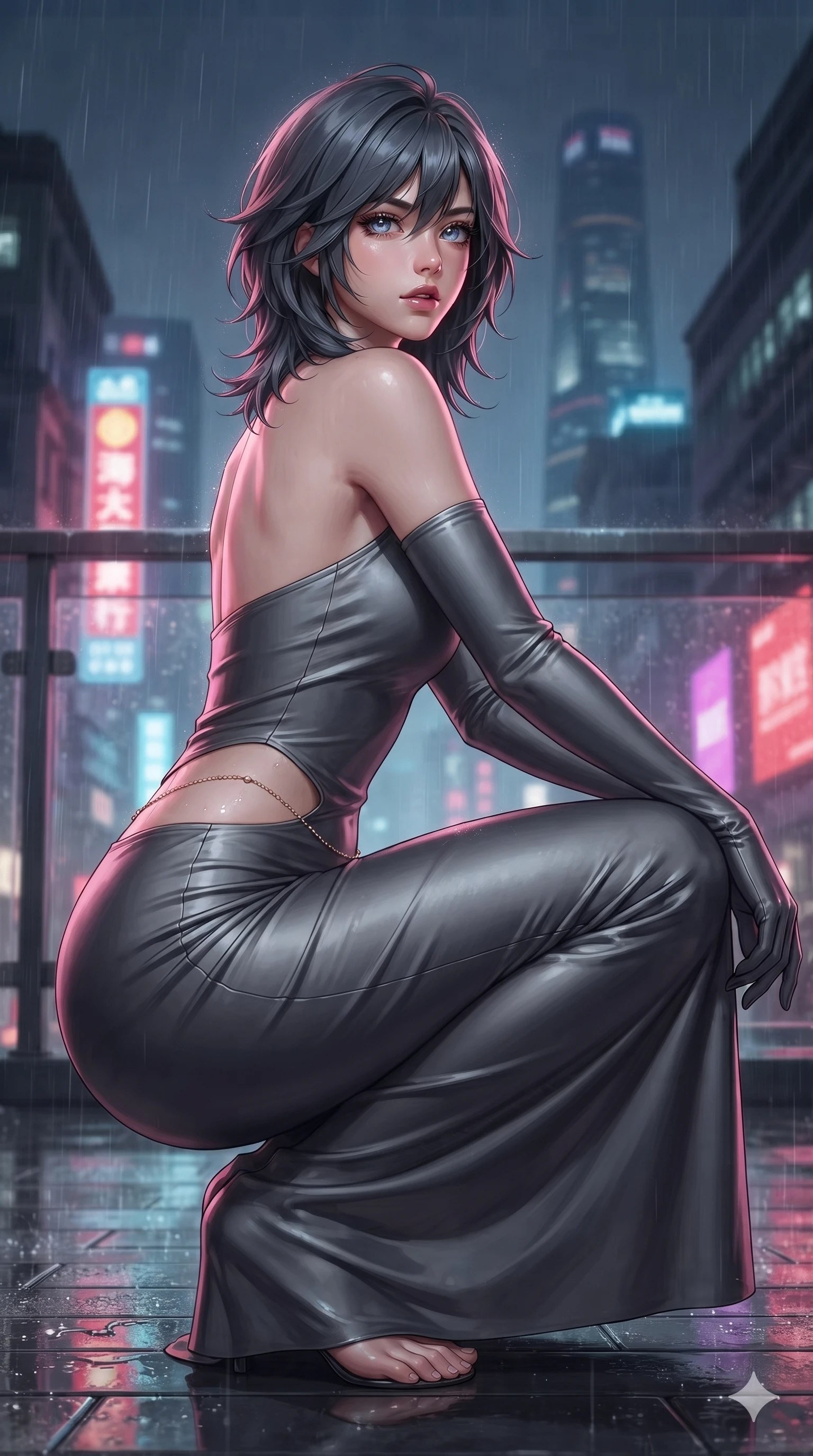 score_9, masterpiece, best quality, ultra-detailed, high-budget anime keyframe, editorial fashion photography, tasteful artistic composition, Caucasian woman. low angle full-body shot from head to toe showing her feet, filling the entire 9:16 vertical frame with her statuesque presence, stretching her vertical silhouette. walking along the waterfront terrace with poise, looking back over her bare shoulder with an irresistible smoldering bedroom-gaze while crouching gracefully on the rain-slicked balcony deck, glancing back with smoldering bedroom-eyes as neon reflections wash over her dress. The background shows a soft-focus rain-slicked urban night atmosphere softened in Shanghai rooftop balcony shallow focus. She has an exceptionally tall and slender model-like 8.5-heads proportion, an ultra-slim waist, a flat toned midriff, narrow delicate ribcage, and beautifully sculpted feminine hips creating a graceful, slim hourglass silhouette without any bulky heaviness, with impossibly long slender legs. sharp v-shaped jawline, high-bridge nose, intricate jewel-like sparkling eyes with depth, thick eyelashes, glossy parted lips with a natural sheen, intensely captivating and seductive bedroom-eyes expression, exuding both youthful cute charm and sovereign luxury allure, flawlessly proportioned anatomical accuracy, strict slender model proportions, natural body alignment, perfectly sculpted long slender limbs, ultra-slim waistline, clean dynamic posture without body distortion. wearing a form-fitting liquid mercury jersey evening dress clinging smoothly to her narrow waist and rounded hips in charcoal grey and polished chrome, tailored from heavy double-faced silk georgette with an exceptionally fluid drape, accented with a dainty gold belly chain resting across her flat midriff and curving hips, the glove-like clinging cut tightly following the natural contour of her hips and long slender legs with youthful 8.5-heads elegance. illuminated by rain puddle bounce and sharp scarlet-violet rim lights sculpting her razor-sharp jawline, narrow waist, and curvy hips. ultra-reflective glossy finish, specular highlights, rich textural contrasts, high-contrast stereoscopic depth, volumetric dynamic lighting, 2k, ultra detail, master piece, 9:16 ratio