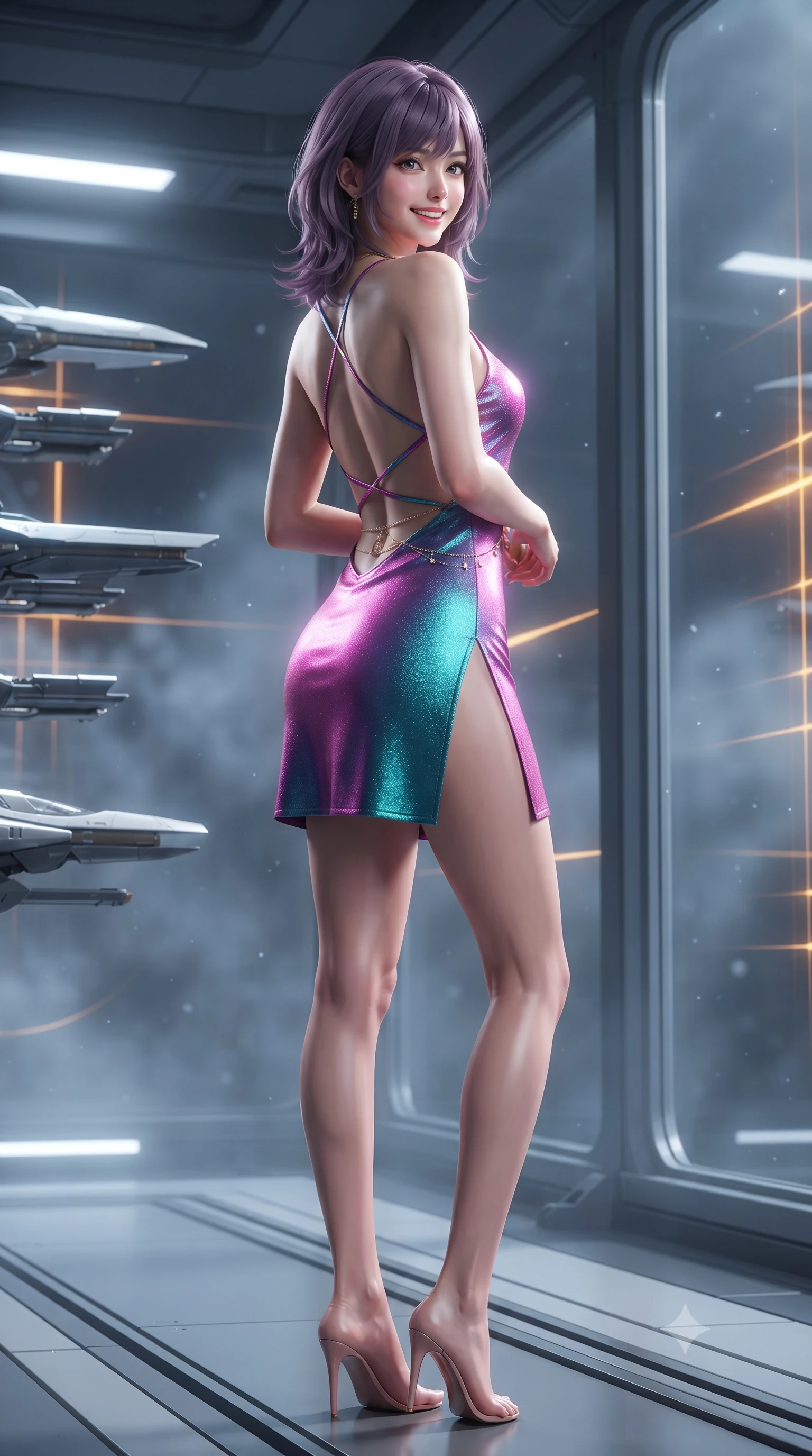score_9, masterpiece, best quality, ultra-detailed, high-budget anime keyframe, editorial fashion photography, tasteful artistic composition, Japanese woman. low angle full-body shot from head to toe showing her feet, filling the entire 9:16 vertical frame with her statuesque presence, stretching her vertical silhouette. posing in a classic haute-couture S-curve stance beside the floor-to-ceiling window, looking over a bare shoulder with magnetic presence while standing poised on the magnetic guidance track in the cavernous zero-g armory, arching her spine with commanding haute-couture charisma as sleek armor-piercing sabots float in magnetic lock racks. The background shows a soft-focus zero-gravity particulate haze softened in orbital defense armory shallow focus. She has an exceptionally tall and slender model-like 8.5-heads proportion, an ultra-slim waist, a flat toned midriff, narrow delicate ribcage, and beautifully sculpted feminine hips creating a graceful, slim hourglass silhouette without any bulky heaviness, with impossibly long slender legs. sharp v-shaped jawline, high-bridge nose, intricate jewel-like sparkling eyes with depth, thick eyelashes, glossy parted lips with a natural peach sheen, bright cheerful beaming smile with an enchanting and coquettish sensual glint, exuding both youthful cute charm and seductive allure, flawlessly proportioned anatomical accuracy, strict slender model proportions, natural body alignment, perfectly sculpted long slender limbs, ultra-slim waistline, clean dynamic posture without body distortion. wearing a backless liquid foil flight mini dress with criss-cross spinal straps and daring high side slit in Kowloon neon magenta and electric teal, crafted from bespoke double-faced cashmere with an exceptionally soft tactile finish, accented with a dainty gold belly chain resting across her flat midriff and curving hips, the high-slit wrap tailoring accentuating her ultra-slim waistline and the enchanting curve of her feminine hips with alluring seductive charm. bathed in crisp white 5000K inspection spotlights combined with glowing amber laser alignment grids. ultra-reflective glossy finish, specular highlights, rich textural contrasts, high-contrast stereoscopic depth, volumetric dynamic lighting, 2k, ultra detail, master piece, 9:16 ratio