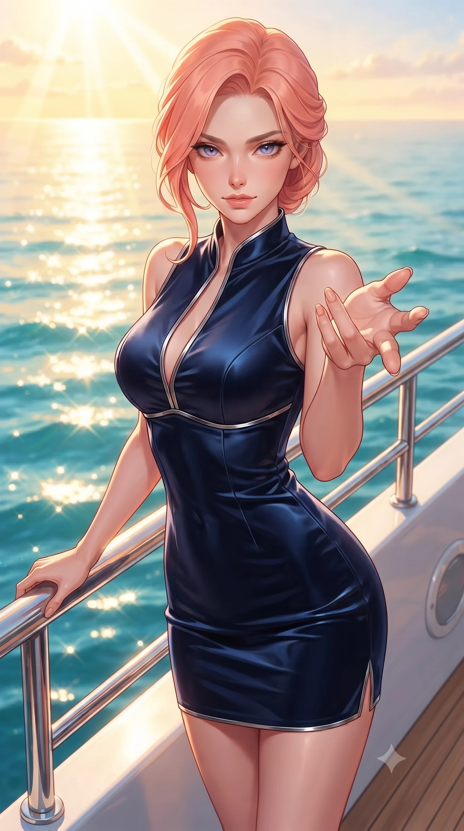 score_9, masterpiece, best quality, ultra-detailed, high-budget anime keyframe, editorial fashion photography, tasteful artistic composition, Japanese woman. close-up cowboy shot from the waist and thighs up, the character dominates the composition, filling the frame with her large presence, background elements kept in soft focus. Reaching one hand gracefully toward the viewer with effortless superiority and allure standing near the polished chrome railing of a yacht overlooking a golden sunset sea, sparkling turquoise ocean waves reflecting intense golden sunbeams. She has an exceptionally elegant, slender, and willowy female figure with an ultra-slim waist, a gracefully sculpted slender torso, and a refined silhouette. sharp v-shaped jawline, high-bridge nose, intricate jewel-like eyes with depth, thick eyelashes, glossy lips with a natural sheen. wearing a modern fusion silk hanbok dress with a structured bodice in midnight navy blue and chrome trim, made of premium stretch velvet with a rich sheen, accented with a Tasteful chest slit framing her clavicle gracefully, the sleek second-skin texture accentuating her magnetic presence. bathed in brilliant tropical sunshine and glittering ocean water reflections. highly saturated vibrant anime colors, detailed shading with soft gradients, rich glossy textures, high-contrast stereoscopic depth, volumetric dynamic lighting, master piece, 9:16 ratio