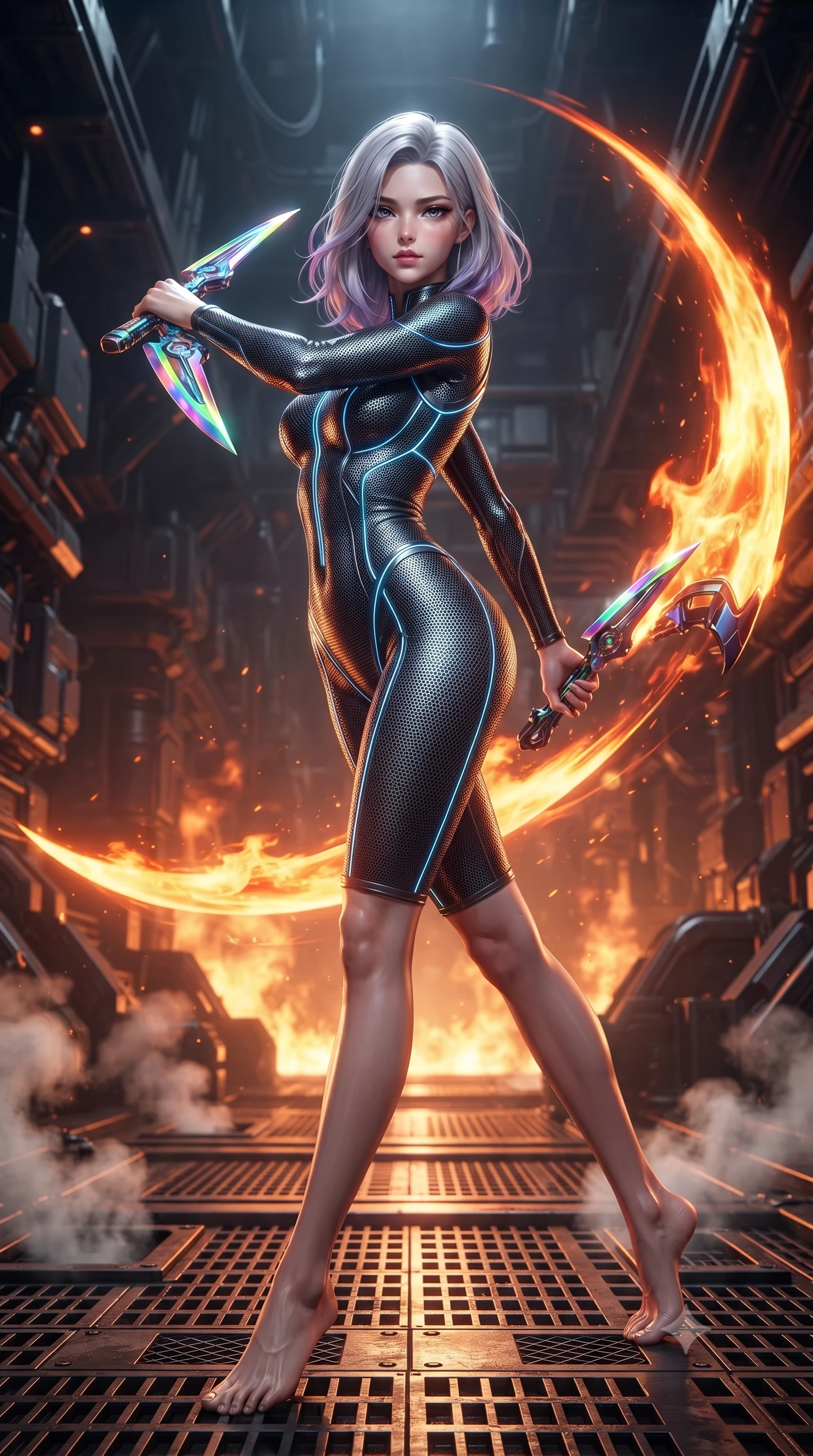 score_9, masterpiece, best quality, ultra-detailed, high-budget anime keyframe, editorial fashion photography, tasteful artistic composition, Caucasian woman. low angle full-body shot from head to toe showing her feet, filling the entire 9:16 vertical frame with her statuesque presence, stretching her vertical silhouette. pivoting dynamically in mid-motion with a breathtakingly alluring posture, displaying her flawless model proportions, toned flat midriff, and ultra-slim waist while pivoting dynamically in a sweeping spin as the molten-orange plasma scythe blade leaves a blazing crescent of light in mid-air. The surrounding environment is rendered in vivid detail and crisp panoramic clarity. intense geothermal chiaroscuro and raw high-tech forging architecture rendered with precision. She has an absolutely perfect, statuesque 8.5-heads proportion, an exceptionally tall and slender model-like female figure with impossibly long slender legs, a toned flat midriff, and an ultra-slim waist. sharp v-shaped jawline, high-bridge nose, intricate jewel-like eyes with depth, thick eyelashes, glossy lips with a natural sheen, flawlessly proportioned anatomical accuracy, strict slender model proportions, natural body alignment, perfectly sculpted long slender limbs, ultra-slim waistline, clean dynamic posture without body distortion. wearing an aerodynamic dark titanium carbon-mesh jumper with glowing blue fiber lines, holding twin chrome vibro-daggers with deadly supermodel poise in high-gloss iridescent rainbow carbon with prism holographic sheen, tailored from flexible second-skin carbon-mesh that clings flawlessly to her athletic curves, accented with glowing fiber-optic conduits tracing her collarbones and hip curves, the form-contouring material adhering flawlessly to her sculpted flat midriff and slender torso, emphasizing her long leg lines and perfectly proportioned willowy build. surrounded by a fierce, elemental, and irresistibly powerful cyber-valkyrie of fire atmosphere. ultra-reflective glossy finish, specular highlights, dark metallic sheen, high-contrast stereoscopic depth, volumetric dynamic lighting, 2k, ultra detail, master piece, 9:16 ratio