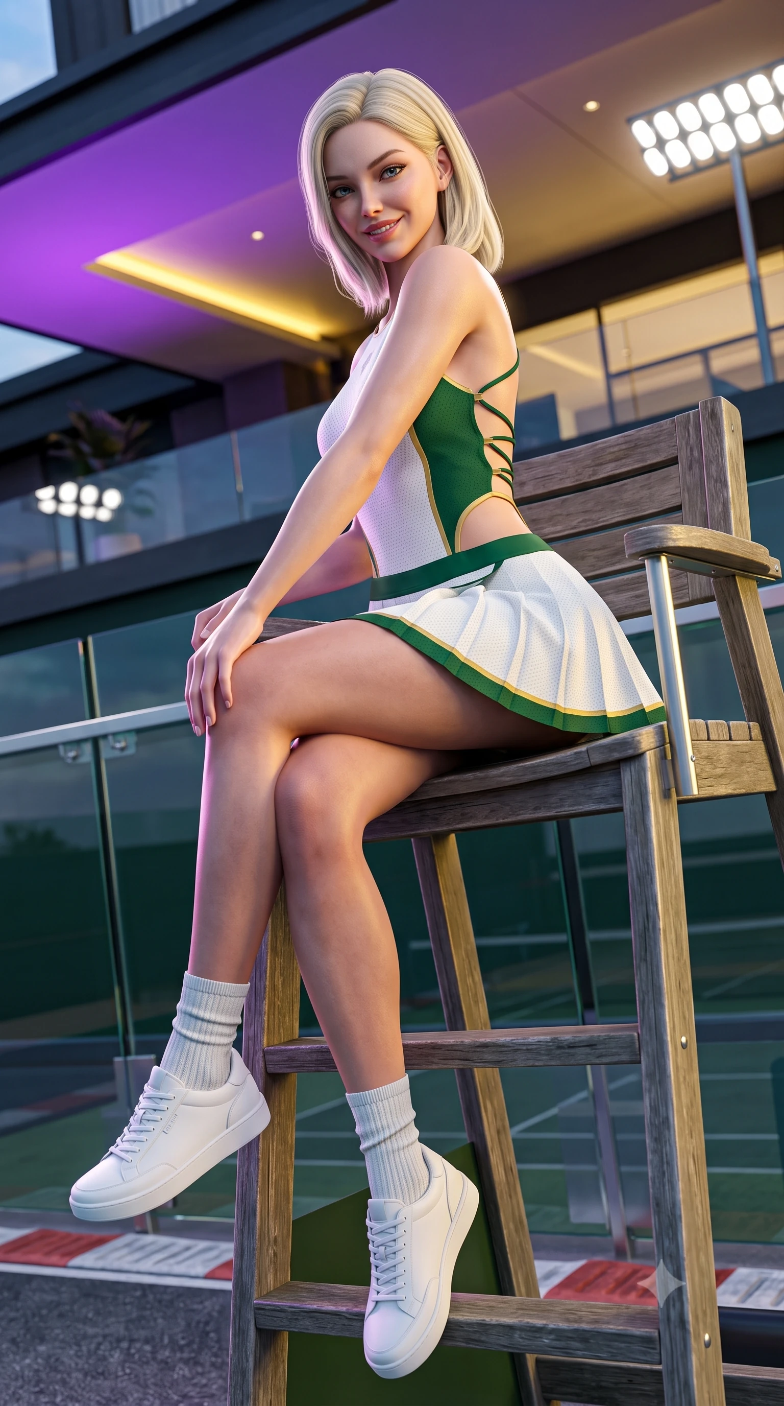 score_9, masterpiece, best quality, ultra-detailed, high-budget anime keyframe, semi-realistic 3D game render, editorial fashion photography, tasteful artistic composition, Caucasian woman. low angle full-body shot from head to toe showing her feet, filling the entire 9:16 vertical frame with her statuesque presence, stretching her vertical silhouette. sitting perched on the elevated umpire chair with legs crossed and hips angled toward the camera, displaying her toned midriff and long slender limbs with joyful, coquettish charm while twisting her slender torso in an alluring S-curve, dynamic LED color shifts from the hotel canopy illuminating her tight racing outfit and hips. The surrounding environment is rendered in vivid detail and crisp panoramic clarity: sharp glass parapet bevels, brushed aluminum deck fittings, and racetrack curbing texture in deep focus. She has an absolutely perfect, statuesque 8.5-heads proportion, an exceptionally tall and slender model-like female figure with impossibly long slender legs, an ultra-slim waist, a flat toned midriff, narrow delicate ribcage, and beautifully sculpted feminine hips creating a graceful, slim hourglass silhouette without any bulky heaviness. sharp v-shaped jawline, high-bridge nose, sparkling eyes with athletic focus and depth, thick curled eyelashes, glossy parted lips with a natural coral-peach sheen, bright confident and coquettish smile with alluring bedroom-eyes, exuding both youthful sporty vigor and sovereign high-society glamour, flawlessly proportioned anatomical accuracy, strict slender model proportions, natural body alignment, perfectly sculpted long slender limbs, ultra-slim waistline, clean dynamic posture without body distortion. wearing a backless lace-up racing leotard with side hip cutouts and a pleated wrap skirt framing her hourglass curves in crisp Wimbledon white and British racing green with gold accents, woven from semi-opaque performance athletic mesh with hexagonal micro-perforations, complemented by ribbed knit crew socks and clean white designer court sneakers, the precision-cut side openings and low-back scoop framing her graceful spine and the sensual sweep of her slim, athletic hips. illuminated by track floodlight bounce and sharp violet-gold rim lights sculpting her razor-sharp jawline, narrow waist, and curvy hips. highly saturated vibrant anime colors, detailed shading with soft gradients, rich glossy textures, high-contrast stereoscopic depth, volumetric dynamic lighting, master piece, 9:16 ratio