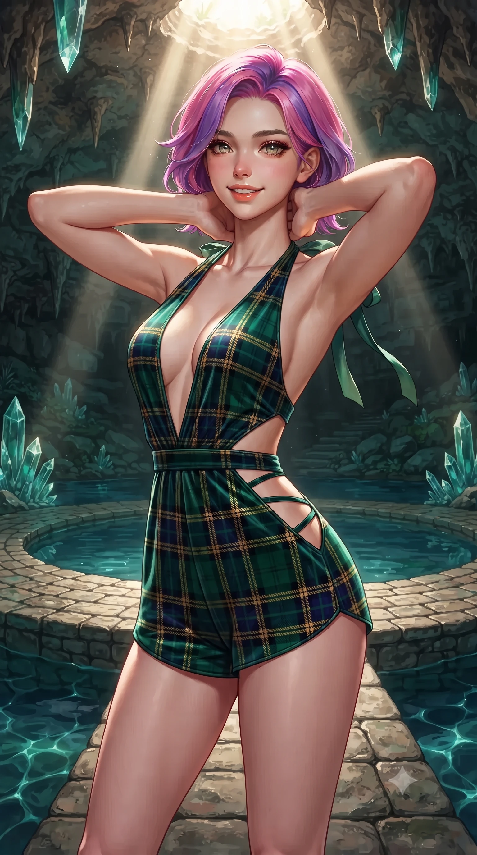 score_9, masterpiece, best quality, ultra-detailed, high-budget anime keyframe, editorial fashion photography, tasteful artistic composition, Caucasian woman. close-up cowboy shot from the waist and thighs up, the character dominates the composition, filling the frame with her large presence. resting both hands lightly behind her neck with elbows raised, arching her spine to highlight her narrow waist, flat midriff, and breathtaking collarbones while standing poised on the circular stone platform extending into the mirror-still subterranean cenote pool, arching her lower back with divine siren grace as a dramatic god ray of sunlight pierces the cave roof. The surrounding environment is rendered in vivid detail and crisp panoramic clarity: sharp dripstone mineral crystal facets, circular stone walkway textures, and crystal-clear underground pool water caustics in deep focus. She has an exceptionally elegant, slender, and willowy female figure with an ultra-slim waist, flat toned midriff, narrow ribcage, and sculpted feminine hips creating an alluring, slim hourglass silhouette without bulk. sharp v-shaped jawline, high-bridge nose, intricate jewel-like sparkling eyes with depth, thick eyelashes, glossy parted lips with a natural peach sheen, bright cheerful beaming smile with an enchanting and coquettish sensual glint, exuding both youthful cute charm and seductive allure, flawlessly proportioned anatomical accuracy, strict slender model proportions, natural body alignment, perfectly sculpted long slender limbs, ultra-slim waistline, clean dynamic posture without body distortion. wearing a daring low-cut halterneck romper with exposed midriff and strappy hip cutouts in Balmoral royal tartan emerald and gilded brass, tailored from ultra-plush silk velvet with rich tactile depth and deep shadow gradients, finished with satin ribbon ties at the shoulders fluttering in the gentle breeze, the bespoke structured tailoring following the natural line of her 8.5-heads silhouette with refined elegance. illuminated by emerald pool surface specular bounce and sharp gold-cyan dual rim lights sculpting her razor-sharp jawline, narrow waist, and curvy hips. ultra-reflective glossy finish, specular highlights, rich textural contrasts, high-contrast stereoscopic depth, volumetric dynamic lighting, 2k, ultra detail, master piece, 9:16 ratio