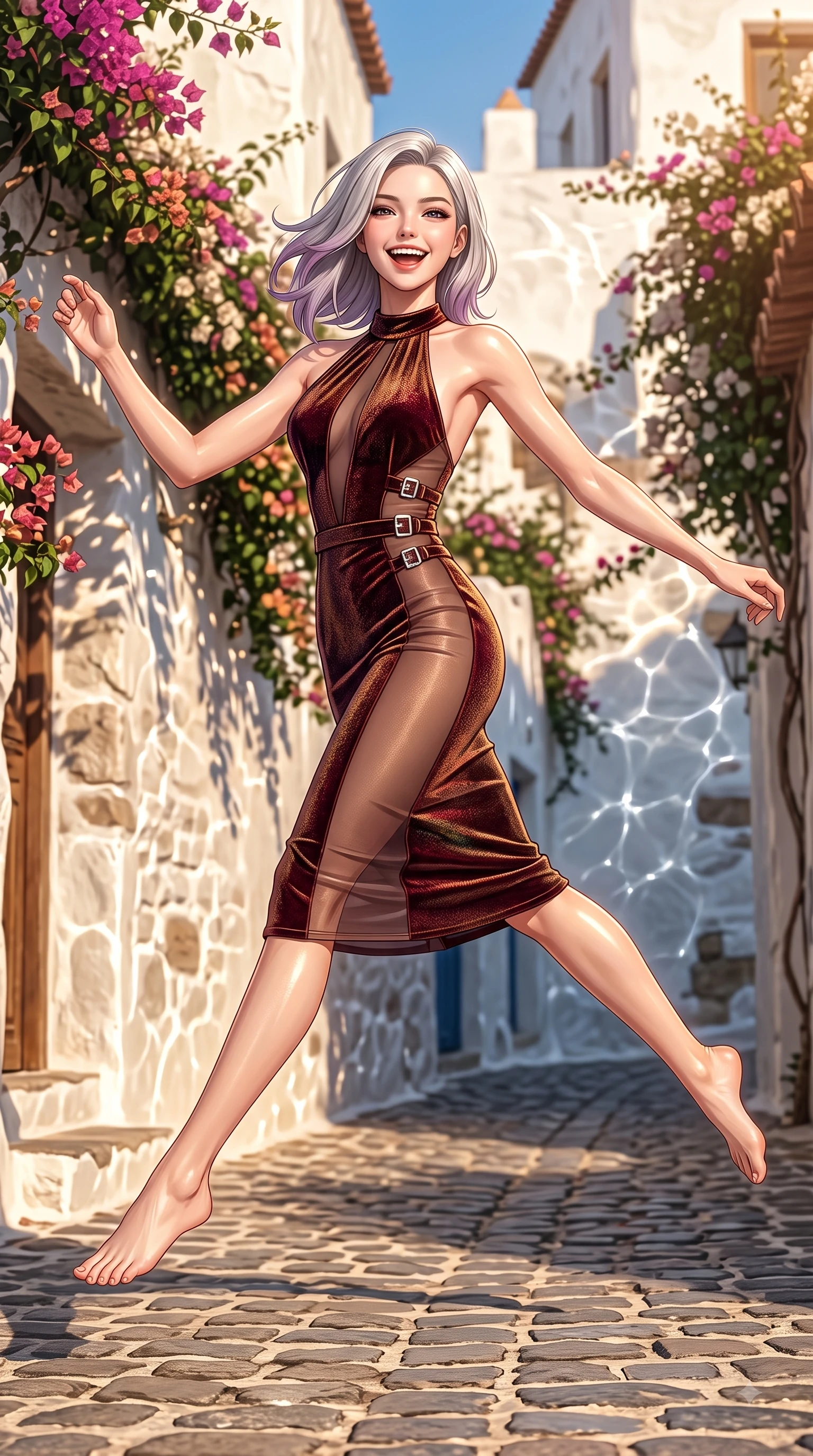 score_9, masterpiece, best quality, ultra-detailed, high-budget anime keyframe, editorial fashion photography, tasteful artistic composition, Caucasian woman. low angle full-body shot from head to toe showing her feet, filling the entire 9:16 vertical frame with her statuesque presence, stretching her vertical silhouette. leaping with pure joy through mid-air with a radiant bright smile, her impossibly long slender legs stretched in perfect balance while pivoting in a graceful resort stride down a sunlit cobblestone alley surrounded by bougainvillea, glistening water reflections dancing dynamically across whitewashed stone walls. She has an absolutely perfect, statuesque 8.5-heads proportion, an exceptionally tall and slender model-like female figure with impossibly long slender legs and an ultra-slim waist. sharp v-shaped jawline, high-bridge nose, intricate jewel-like eyes with depth, thick eyelashes, glossy lips with a natural sheen, flawlessly proportioned anatomical accuracy, natural body alignment, perfectly sculpted elegant limbs, clean dynamic posture without body distortion. wearing a velvet halter-neck midi dress following her form like a glove in deep burgundy and bronze, woven from fine semi-opaque sheer organza, detailed with polished silver buckles along the waistline, the elegant draped fit framing her graceful clavicle and slender torso. illuminated by warm golden sunlight with soft terracotta ambient fill. ultra-reflective glossy finish, specular highlights, metallic sheen, high-contrast stereoscopic depth, volumetric dynamic lighting, 2k, ultra detail, master piece, 9:16 ratio