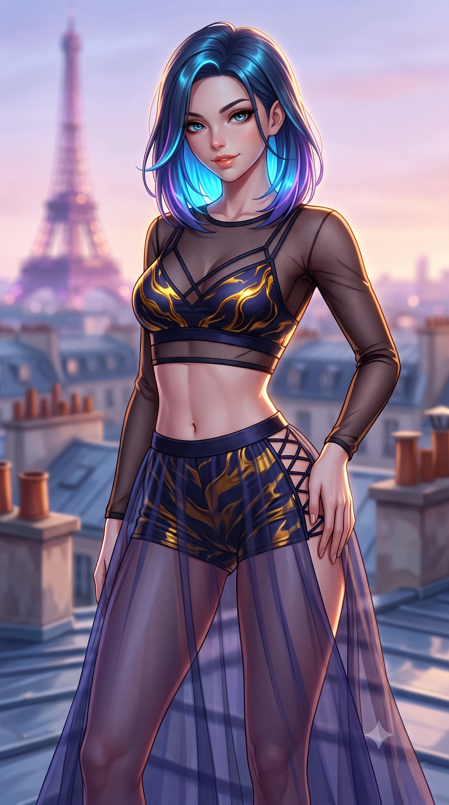 score_9, masterpiece, best quality, ultra-detailed, high-budget anime keyframe, semi-realistic 3D game render, editorial fashion photography, tasteful artistic composition, Caucasian woman. close-up cowboy shot from the waist and thighs up, the character dominates the composition, filling the frame with her large presence. tilting her head with a teasing half-smile, running one hand slowly down the side of her hip in a flirtatious S-curve as ambient light caresses her silhouette while twisting her slender torso in an alluring S-curve, golden hour winds molding her sheer tulle skirt to her long slender legs and curvy hips. The background shows a soft-focus the iconic sea of Paris zinc roofs, chimney pots, and distant glowing Eiffel Tower blurred into lavender, rose-gold, and slate bokeh. She has an exceptionally elegant, slender, and willowy female figure with an ultra-slim waist, flat toned midriff, narrow ribcage, and sculpted feminine hips creating an alluring, slim hourglass silhouette without bulk. sharp v-shaped jawline, high-bridge nose, sparkling eyes with hypnotic seductive depth, thick curled eyelashes, glossy parted lips with a natural dewy peach sheen, alluring bedroom-eyes with an enchanting coquettish smile, exuding magnetic siren charisma and sophisticated glamour, flawlessly proportioned anatomical accuracy, strict slender model proportions, natural body alignment, perfectly sculpted long slender limbs, ultra-slim waistline, clean dynamic posture without body distortion. wearing a delicate sheer mesh long-sleeve crop top layered over an opaque strappy tactical micro-bralette and tight shorts in molten liquid gold and midnight indigo, made of sheer gossamer chiffon that drapes softly against skin with airy translucence, finished with fine criss-cross lace-up side ties revealing tantalizing glimpses of her hip curve, the glove-like clinging cut tightly following the natural contour of her hips and long slender legs with youthful 8.5-heads elegance. illuminated by zinc roof specular bounce and sharp warm-gold rim lights defining her razor-sharp jawline, flat midriff, and curvy hips. highly saturated vibrant anime colors, detailed shading with soft gradients, rich glossy textures, high-contrast stereoscopic depth, volumetric dynamic lighting, master piece, 9:16 ratio