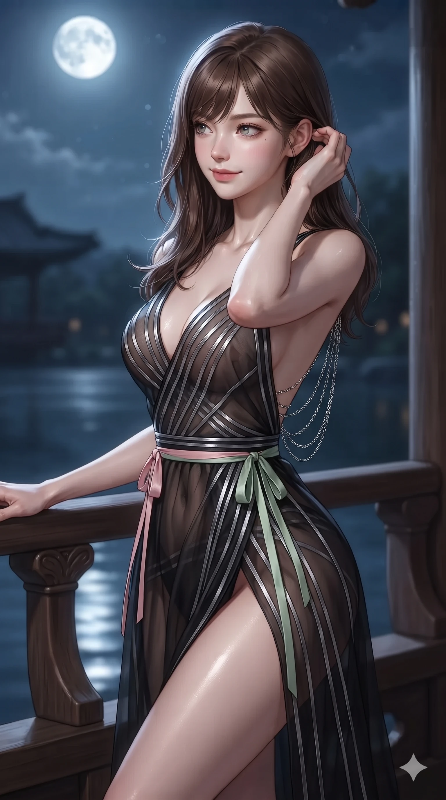 score_9, masterpiece, best quality, ultra-detailed, high-budget anime keyframe, editorial fashion photography, tasteful artistic composition, Korean woman. close-up cowboy shot from the waist and thighs up, the character dominates the composition, filling the frame with her large presence. gently brushing a lock of silk hair behind her ear while casting a playful, flirtatious side-gaze with long eyelashes while twisting her slender torso in an alluring S-curve beside the lacquered wooden balustrade, silver moonbeams tracing her narrow waist and rounded hips. The background shows a soft-focus moonlit pavilion atmosphere softened in romantic nocturnal lake shallow focus. She has an exceptionally elegant, slender, and willowy female figure with an ultra-slim waist, flat toned midriff, narrow ribcage, and sculpted feminine hips creating an alluring, slim hourglass silhouette without bulk. sharp v-shaped jawline, high-bridge nose, sparkling eyes with hypnotic seductive depth, thick curled eyelashes, glossy parted lips with a natural dewy peach sheen, alluring bedroom-eyes with an enchanting coquettish smile, exuding magnetic siren charisma and sophisticated glamour, flawlessly proportioned anatomical accuracy, strict slender model proportions, natural body alignment, perfectly sculpted long slender limbs, ultra-slim waistline, clean dynamic posture without body distortion. wearing a plunge-front sheer illusion tulle slip dress with liquid platinum ribbon stripes and silk otgoreum ties hugging her curves in soft lotus rose and morning dew sage green, crafted from layered gossamer black nobang organza with weightless, smoky flutter, accented with an open-back drape framed by falling strands of delicate chrome chains, the high-slit wrap tailoring accentuating her ultra-slim waistline and the enchanting curve of her feminine hips with alluring seductive charm. bathed in pure silver moonlight cascading directly from the harvest full moon above. ultra-reflective glossy finish, specular highlights, rich textural contrasts, high-contrast stereoscopic depth, volumetric dynamic lighting, 2k, ultra detail, master piece, 9:16 ratio