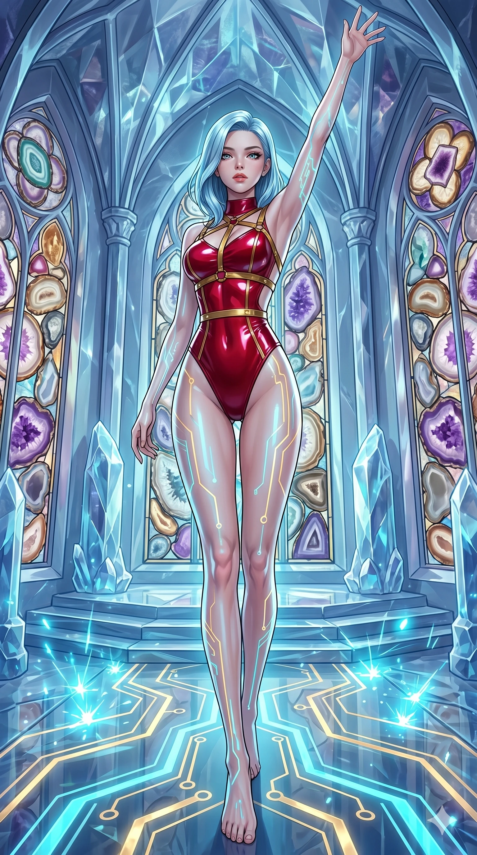 score_9, masterpiece, best quality, ultra-detailed, high-budget anime keyframe, editorial fashion photography, tasteful artistic composition, Korean woman. low angle full-body shot from head to toe showing her feet, filling the entire 9:16 vertical frame with her statuesque presence, stretching her vertical silhouette. Gliding forward with one arm sweeping upward toward the sky in a gesture of pure triumph inside a crystal chapel with stained-glass windows made of natural mineral slices. She has an absolutely perfect 8-heads proportion, an exceptionally tall and slender female figure with impossibly long slender legs and an ultra-slim waist. V-shaped jawline, high-bridge nose, intricate jewel-like eyes with depth, thick eyelashes, glossy lips with a natural sheen. wearing a high-gloss crimson bodysuit with a bold open-back design and gold-accented shoulder straps. lit by electric cyan sparks and glowing circuit paths from the floor, casting sharp under-lighting. 2k, ultra detail, master piece, 9:16 ratio