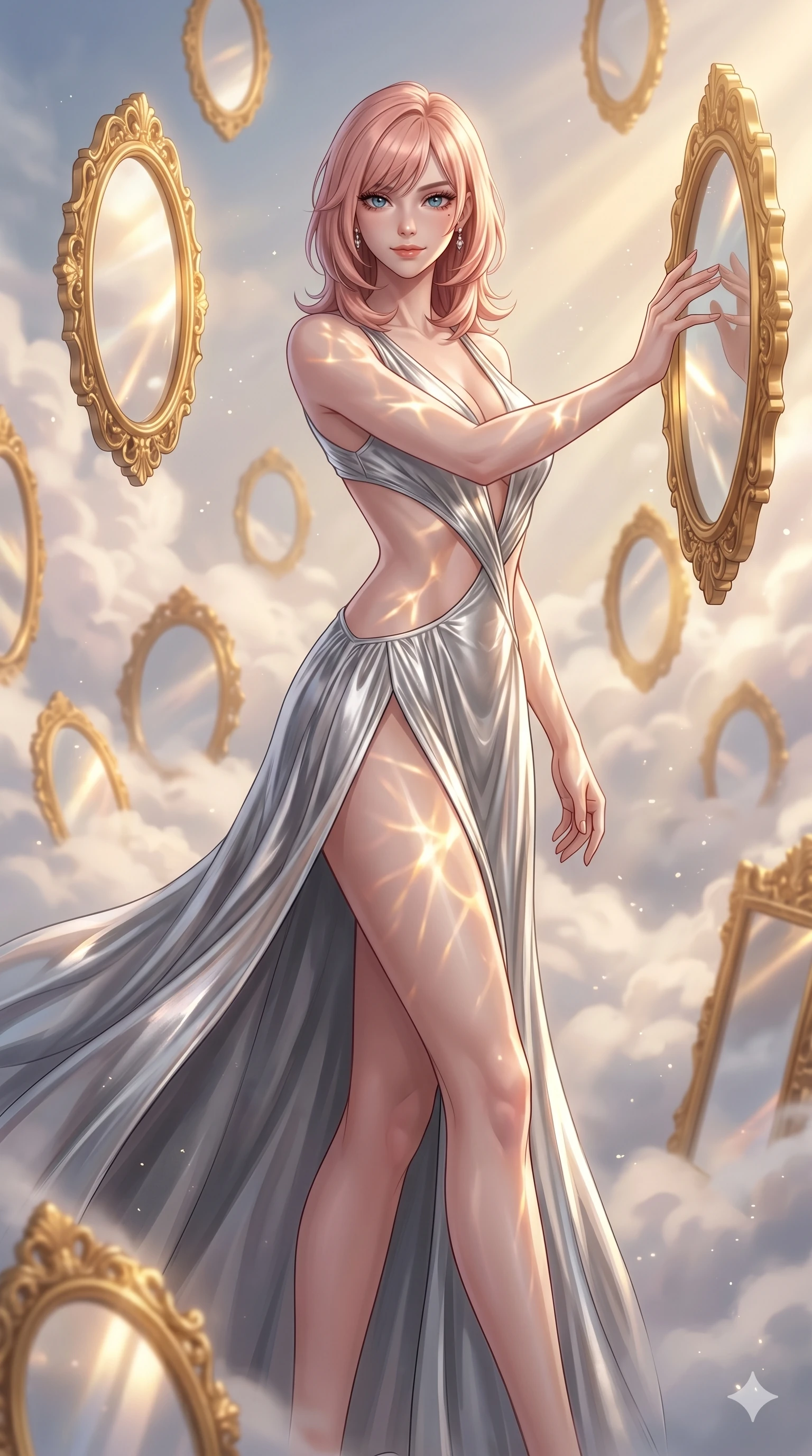 score_9, masterpiece, best quality, ultra-detailed, high-budget anime keyframe, editorial fashion photography, tasteful artistic composition, Japanese woman. cowboy shot from the thighs up, character and outfit filling the frame for maximum editorial presence. reaching a hand toward a floating mirror, looking at the camera with a mysterious smile in a surreal cloud sanctuary with floating golden mirrors (Code-P16-123). She has an absolutely perfect 8-heads proportion, an exceptionally tall and slender female figure with impossibly long slender legs and an ultra-slim waist. V-shaped jawline, high-bridge nose, intricate jewel-like eyes with depth, thick eyelashes, glossy lips with a natural sheen. wearing a flowing silver metallic gown with a dramatic open-waist cutout and high side slit. warm golden afternoon sunbeams reflecting off the mirrors, casting bright light patterns. 2k, ultra detail, master piece, 9:16 ratio