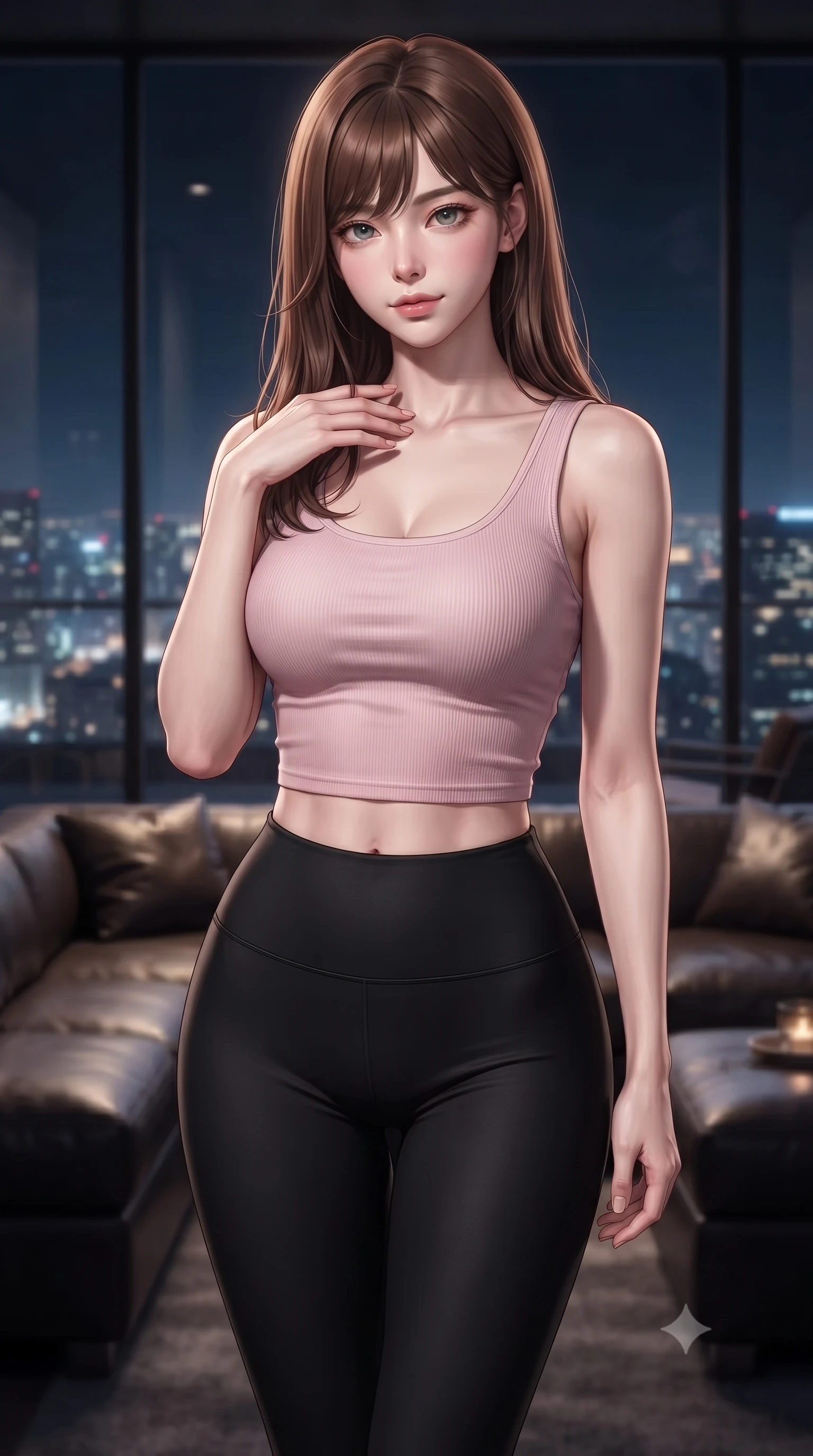 score_9, masterpiece, best quality, ultra-detailed, high-budget anime keyframe, editorial fashion photography, tasteful artistic composition, Korean woman. close-up cowboy shot from the waist and thighs up, the character dominates the composition, filling the frame with her large presence, background elements kept in soft focus. standing with one hand resting on her collarbone, looking at the viewer with bedroom-eyes the background shows a soft-focus a helipad lounge bar with leather sofas and panoramic views of the city at night. She has an exceptionally elegant, slender, and willowy female figure with an ultra-slim waist, a gracefully sculpted slender torso, and a refined silhouette. sharp v-shaped jawline, high-bridge nose, intricate jewel-like eyes with depth, thick eyelashes, glossy lips with a natural sheen. wearing a body-hugging body-hugging light pink crop tank top paired with high-waisted tight-fitting leggings. soft spotlighting highlighting the silk textures of her gown. ultra-reflective glossy finish, specular highlights, metallic sheen, high-contrast stereoscopic depth, volumetric dynamic lighting, 2k, ultra detail, master piece, 9:16 ratio