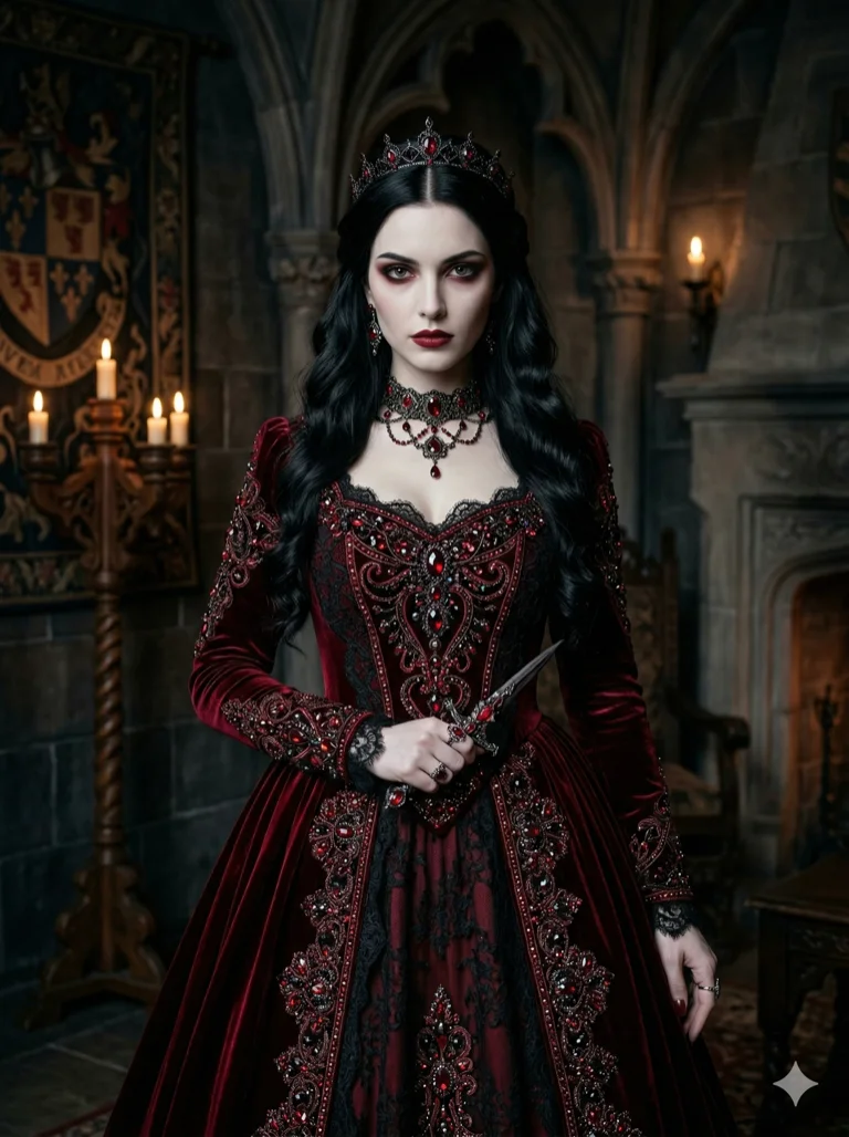 (masterpiece:1.2), best quality, highres, (1girl:1.3), breathtaking portrait, pale skin, jet-black hair, (gown of dark rubies:1.2), gothic vampire aesthetic, 2k, ultra detail, 3:4 ratio