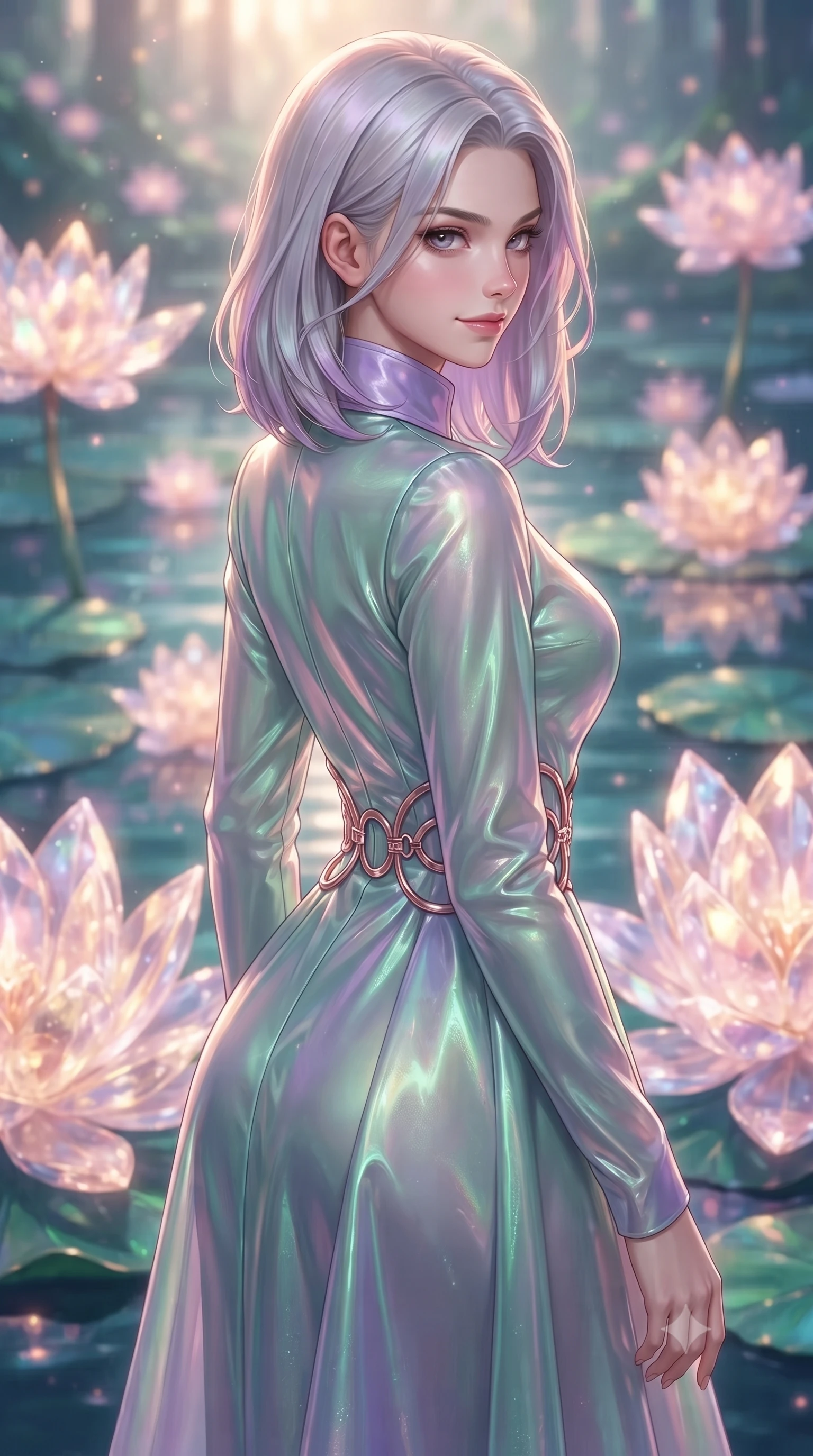 score_9, masterpiece, best quality, ultra-detailed, high-budget anime keyframe, editorial fashion photography, tasteful artistic composition, Caucasian woman. close-up cowboy shot from the waist and thighs up, the character dominates the composition, filling the frame with her large presence, background elements kept in soft focus. Glancing sidelong over her shoulder with a smoldering half-smile, standing in a tranquil water garden filled with giant glowing crystal lotus blossoms, translucent crystal lotus petals scattering soft pink and gold light. She has an exceptionally elegant, slender, and willowy female figure with an ultra-slim waist, a gracefully sculpted slender torso, and a refined silhouette. sharp v-shaped jawline, high-bridge nose, intricate jewel-like eyes with depth, thick eyelashes, glossy lips with a natural sheen. wearing long-sleeved seafoam green satin gown with high structured collar in pastel lavender violet, made of iridescent hologram organza, trimmed with rose-gold ring hardware along the waist contours, accentuating her gracefully sculpted slender torso. illuminated by soft rose-gold bioluminescence and warm sunbeams. highly saturated vibrant anime colors, detailed shading with soft gradients, rich glossy textures, high-contrast stereoscopic depth, volumetric dynamic lighting, master piece, 9:16 ratio