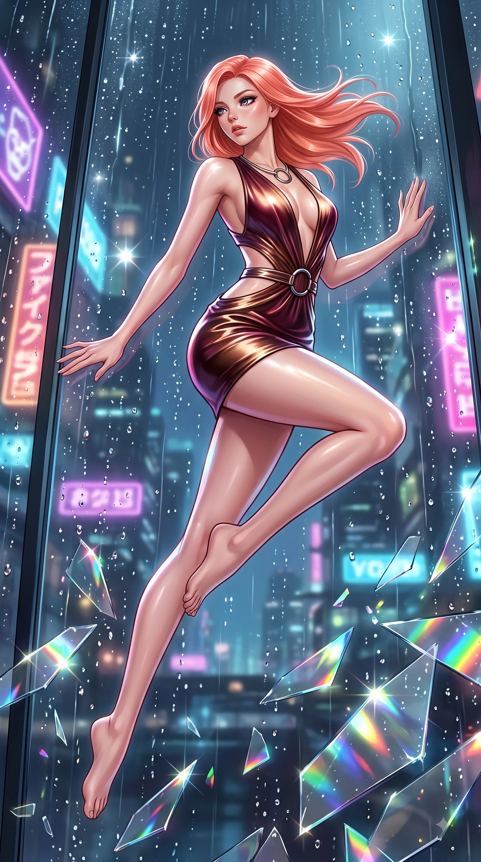 score_9, masterpiece, best quality, ultra-detailed, high-budget anime keyframe, editorial fashion photography, tasteful artistic composition, Japanese woman. low angle full-body shot from head to toe showing her feet, filling the entire 9:16 vertical frame with her statuesque presence, stretching her vertical silhouette. leaping gracefully through mid-air with statuesque elegance, her impossibly long slender legs stretched in perfect balance while leaning against a wet glass window as rain droplets catch intense specular highlights, shattered mirror bar fragments scattering brilliant rainbow specular highlights. She has an absolutely perfect, statuesque 8.5-heads proportion, an exceptionally tall and slender model-like female figure with impossibly long slender legs and an ultra-slim waist. sharp v-shaped jawline, high-bridge nose, intricate jewel-like eyes with depth, thick eyelashes, glossy lips with a natural sheen, flawlessly proportioned anatomical accuracy, natural body alignment, perfectly sculpted elegant limbs, clean dynamic posture without body distortion. wearing a liquid mercury gloss mini dress with ultra-deep V-neck and waist cutouts in deep burgundy and bronze, crafted from smooth liquid silk, accented with delicate chrome ring hardware framing her waist, the elegant draped fit framing her graceful clavicle and slender torso. surrounded by a high-energy, seductive cyberpunk nightlife ambiance. ultra-reflective glossy finish, specular highlights, metallic sheen, high-contrast stereoscopic depth, volumetric dynamic lighting, 2k, ultra detail, master piece, 9:16 ratio