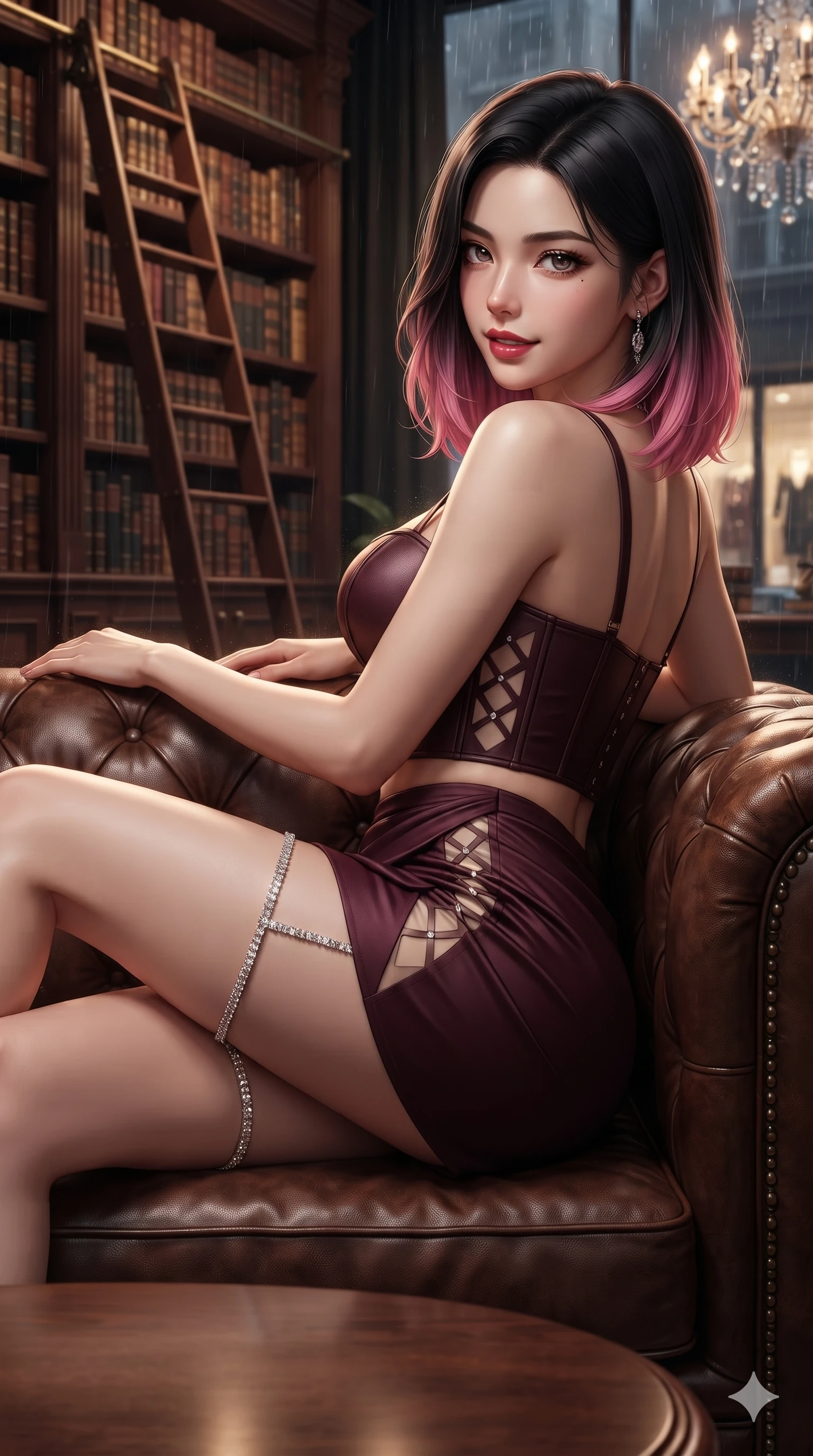 score_9, masterpiece, best quality, ultra-detailed, high-budget anime keyframe, editorial fashion photography, tasteful artistic composition, Korean woman. close-up cowboy shot from the waist and thighs up, the character dominates the composition, filling the frame with her large presence. pausing beside an illuminated luxury boutique window with hips cocked back, glancing back with an enchanting, dangerous smile through falling rain while reclining gracefully on an antique Chesterfield leather sofa with legs crossed, propped on one elbow with parted glossy lips. The background shows a soft-focus floor-to-ceiling leather-bound antique books, rolling library ladders, and crystal chandeliers blurred into mahogany, gold, and topaz bokeh. She has an exceptionally elegant, slender, and willowy female figure with an ultra-slim waist, flat toned midriff, narrow ribcage, and sculpted feminine hips creating an alluring, slim hourglass silhouette without bulk. sharp v-shaped jawline, high-bridge nose, intricate jewel-like dark sparkling eyes with dangerous depth, thick curled eyelashes, glossy parted lips with a rich wine sheen, smoldering seductive half-smile with bedroom-eyes, exuding effortless superiority and intoxicating dark allure, flawlessly proportioned anatomical accuracy, strict slender model proportions, natural body alignment, perfectly sculpted long slender limbs, ultra-slim waistline, clean dynamic posture without body distortion. wearing a structured underwire leather bustier top paired with an ultra-short draped wrap mini skirt in dark mulberry wine and antique champagne, adorned with laser-cut diamond side panels revealing teasing glimpses of bare skin, finished with delicate crystal-encrusted thigh garter straps glinting in the neon glare, the liquid-tight tailored fabric clinging flawlessly to her narrow waist and rounded feminine hips, emphasizing every millimeter of her sculpted slim hourglass curves without any bulky heaviness. illuminated by polished mahogany table bounce and sharp amber-bronze rim lights defining her razor-sharp jawline, narrow waist, and curvy hips. ultra-reflective glossy finish, specular highlights, rich textural contrasts, high-contrast stereoscopic depth, volumetric dynamic lighting, 2k, ultra detail, master piece, 9:16 ratio