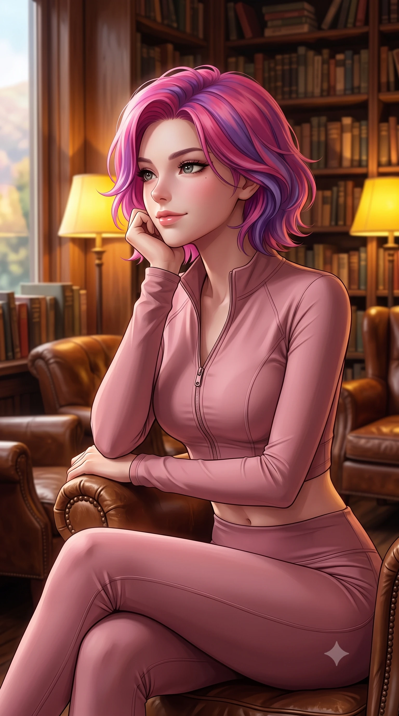 score_9, masterpiece, best quality, ultra-detailed, high-budget anime keyframe, editorial fashion photography, tasteful artistic composition, Caucasian woman woman. close-up cowboy shot from the waist and thighs up, the character dominates the composition, filling the frame with her large presence, background elements kept in soft focus. resting her chin on her hand, looking out at the beautiful scenery with a soft smile the background shows a soft-focus a corner of an old bookstore with towering shelves, comfortable leather armchairs, and warm lamps. She has an exceptionally elegant, slender, and willowy female figure with an ultra-slim waist, a gracefully sculpted slender torso, and a refined silhouette. sharp v-shaped jawline, high-bridge nose, intricate jewel-like eyes with depth, thick eyelashes, glossy lips with a natural sheen. wearing a form-contouring body-hugging activewear set of a zip-up long-sleeve crop top and matching leggings in dusty pink. warm yellow lamplight casting cozy, soft shadows on the books. 2k, ultra detail, master piece, 9:16 ratio