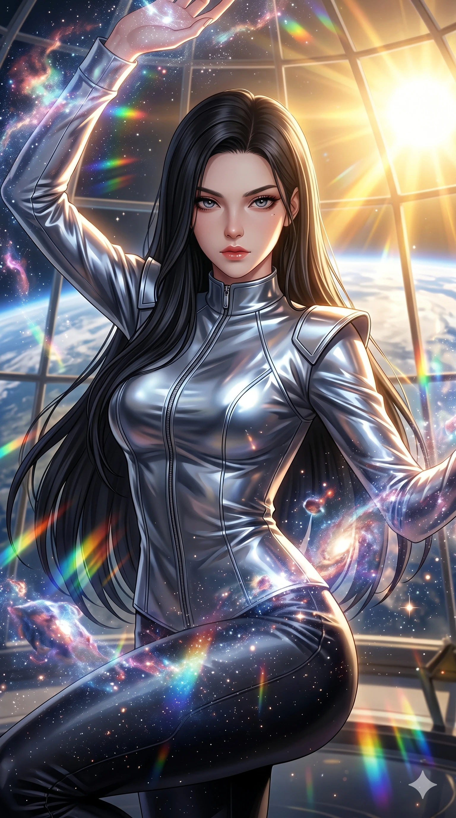 score_9, masterpiece, best quality, ultra-detailed, high-budget anime keyframe, semi-realistic 3D game render, Korean woman. Upper body close-up from the thighs up, character filling the screen for maximum presence. She is posing with dynamic energy as glowing cosmic stardust and floating nebulae swirl around her inside a sunlit orbital conservatory. She looks toward the camera with a captivating, intense gaze. She has an absolutely perfect 8-heads proportion, a tall and elegant figure with a refined silhouette and a defined waistline. V-shaped jawline, high-bridge nose, intricate jewel-like eyes with depth, thick eyelashes, glossy lips with a natural sheen. She is wearing a sleek tailored top in liquid-chrome finish that complements her silhouette, styled with sophisticated architectural shoulder accents and a modern zip collar. The scene is bathed in brilliant, high-contrast golden solar rays and refracting rainbow lens flares. 2k, ultra detail, master piece, 9:16 ratio