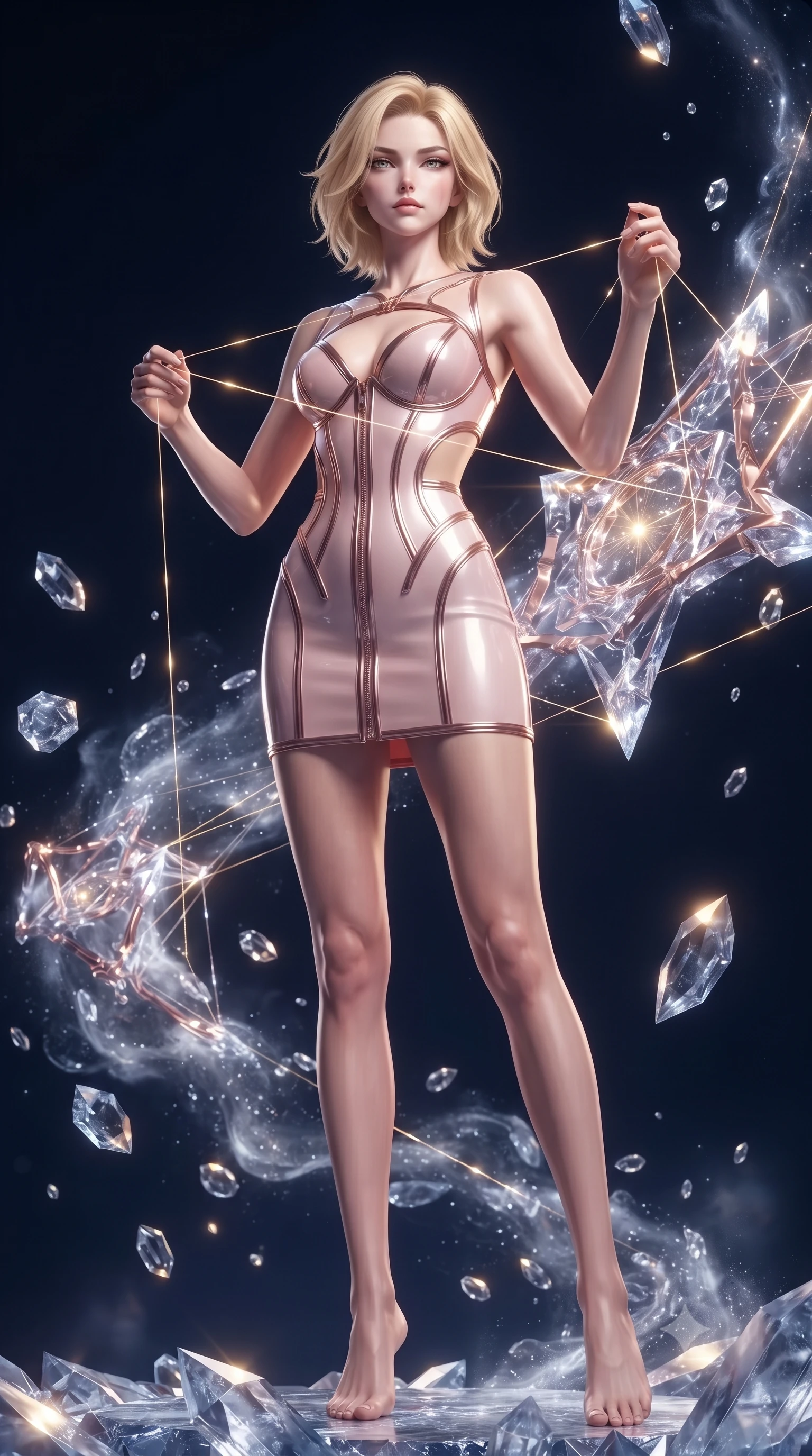 score_9, masterpiece, best quality, ultra-detailed, high-budget anime keyframe, editorial fashion photography, tasteful artistic composition, Caucasian woman. low angle full-body shot from head to toe showing her feet, filling the entire 9:16 vertical frame with her statuesque presence, stretching her vertical silhouette. forging confidently through the floating crystal mist, holding a poised statuesque stance, threading luminous starlight filaments through an ancient cosmic loom, deep navy cosmic void providing intense subject isolation. She has an absolutely perfect, statuesque 8.5-heads proportion, an exceptionally tall and slender model-like female figure with impossibly long slender legs and an ultra-slim waist. sharp v-shaped jawline, high-bridge nose, intricate jewel-like eyes with depth, thick eyelashes, glossy lips with a natural sheen. wearing architectural cut-out pale pink leather mini dress with sculpted gold boning in rose-gold pink, made of high-gloss liquid pearl vinyl, finished with metallic gold boning and sleek zipper points, contouring every curve with an exceptionally elegant silhouette. lit by sharp golden key rays contrasting against cosmic shadows. ultra-reflective glossy finish, specular highlights, metallic sheen, high-contrast stereoscopic depth, volumetric dynamic lighting, 2k, ultra detail, master piece, 9:16 ratio