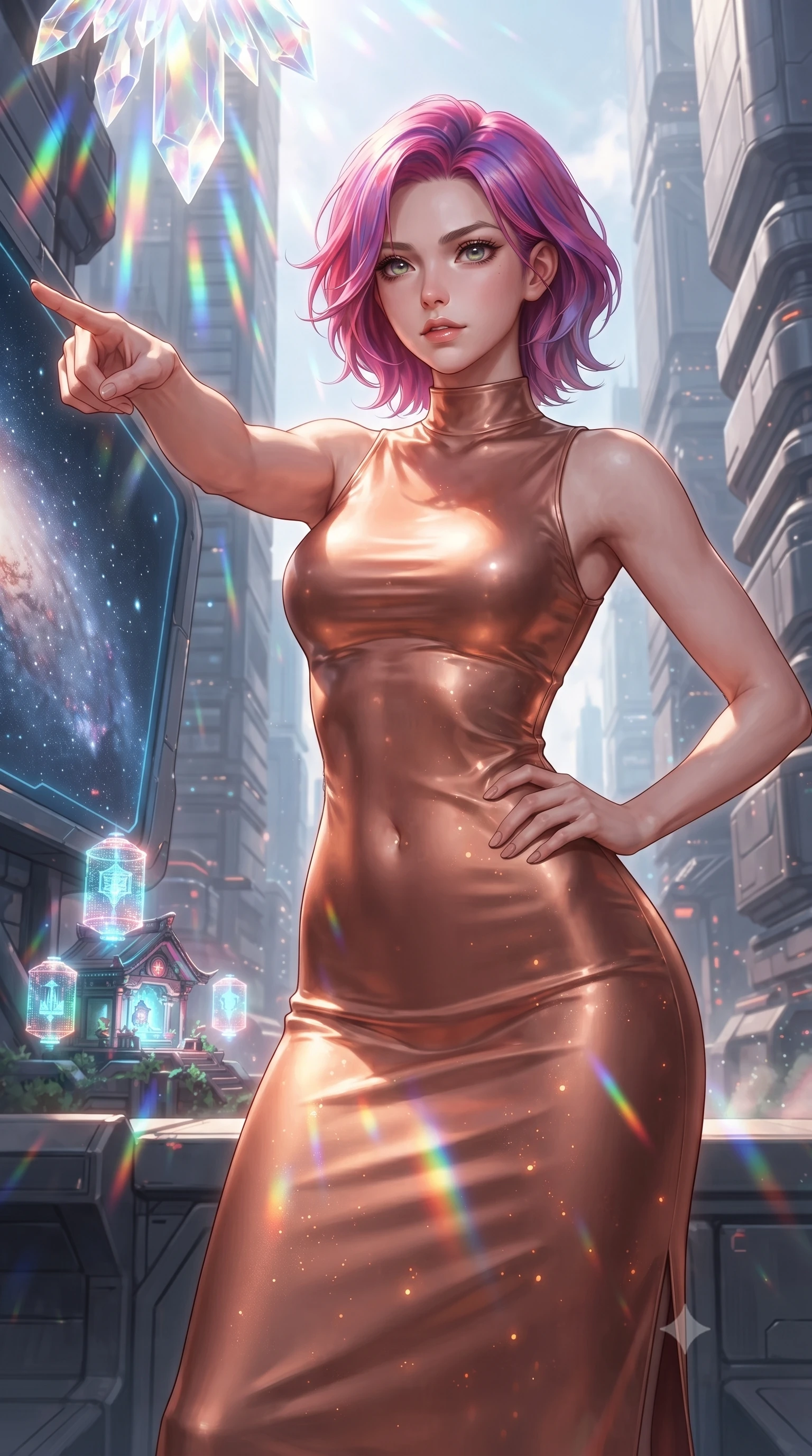score_9, masterpiece, best quality, ultra-detailed, high-budget anime keyframe, editorial fashion photography, tasteful artistic composition, realistic cosplay photography, Caucasian woman, strictly human ears. close-up cowboy shot from the waist and thighs up, the character dominates the composition, filling the frame with her large presence, background elements kept in soft focus. Commanding the starship crew with a decisive gesture, pointing toward the galactic viewscreen. set against a soft-focus background of a small futuristic shrine squeezed between high-rises, featuring holographic projection lanterns that flicker erratically. She has an exceptionally elegant and slender, willowy female figure with an ultra-slim waist, a gracefully sculpted slender torso, and a refined slim physique. sharp v-shaped jawline, high-bridge nose, intricate jewel-like eyes with depth, thick eyelashes, glossy lips with a natural sheen. wearing catching and diffusing the glowing particles, shimmering softly in response to the surrounding light, a form-contouring form-fitting mock-neck midi dress in liquid copper silk, highlighting her slender build and elegant proportions. cascading rainbow prismatic light refracting through crystal formations overhead. ultra-reflective glossy finish, specular highlights, metallic sheen, high-contrast stereoscopic depth, volumetric dynamic lighting, 2k, ultra detail, master piece, 9:16 ratio