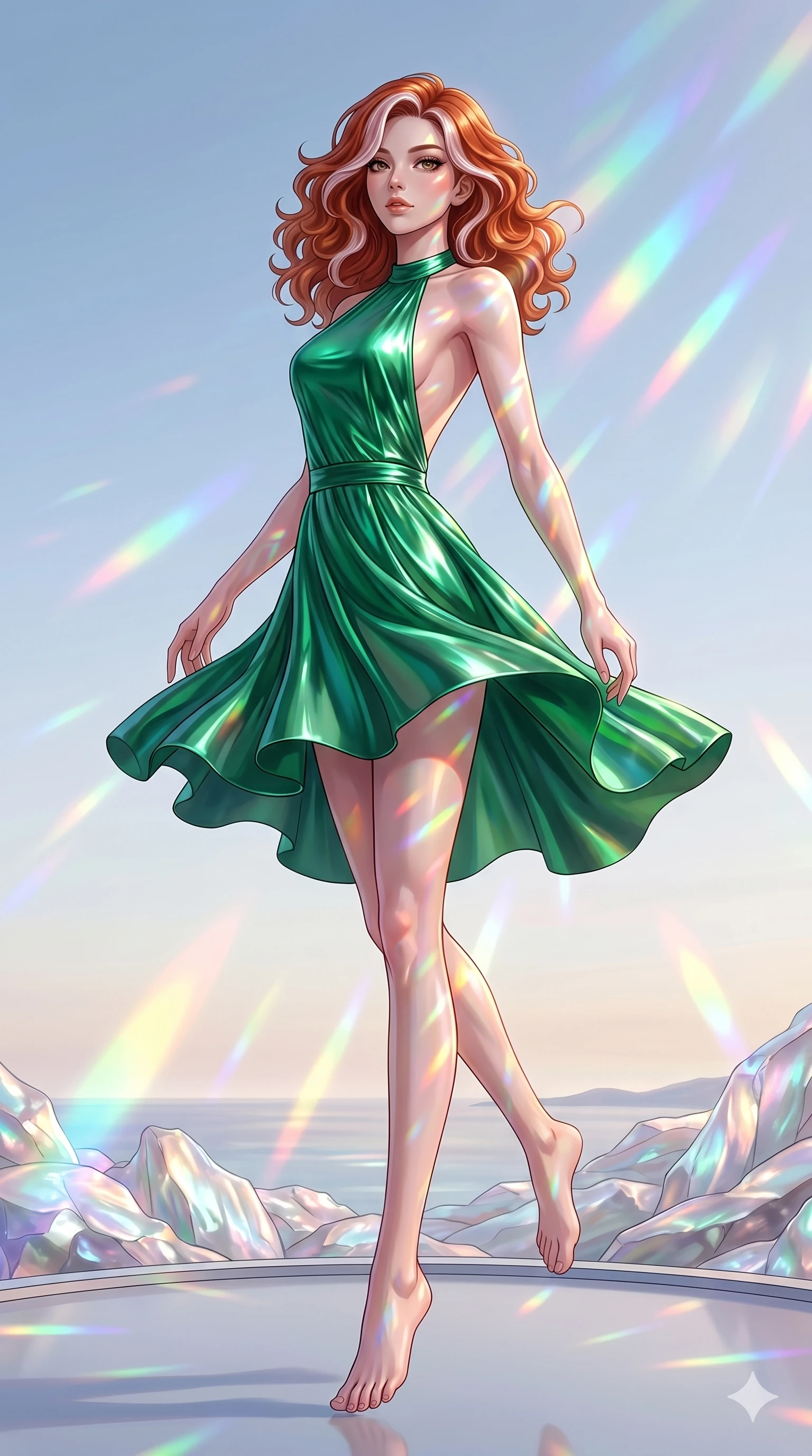 score_9, masterpiece, best quality, ultra-detailed, high-budget anime keyframe, editorial fashion photography, tasteful artistic composition, Caucasian woman, strictly human ears. low angle full-body shot from head to toe showing her feet, filling the entire 9:16 vertical frame with her statuesque presence, stretching her vertical silhouette. Leaping upward in a spiral twist, her body rotating elegantly through the vertical space on an outdoor platform overlooking a shoreline of iridescent mother-of-pearl rock. She has an absolutely perfect 8-heads proportion, an exceptionally tall and slender female figure with impossibly long slender legs and an ultra-slim waist. V-shaped jawline, high-bridge nose, intricate jewel-like eyes with depth, thick eyelashes, glossy lips with a natural sheen. wearing a metallic emerald green halter dress with an open back and a fluid skirt that falls mid-thigh. illuminated by cascading rainbow prismatic light refracting through crystal, casting patterns on her skin. 2k, ultra detail, master piece, 9:16 ratio