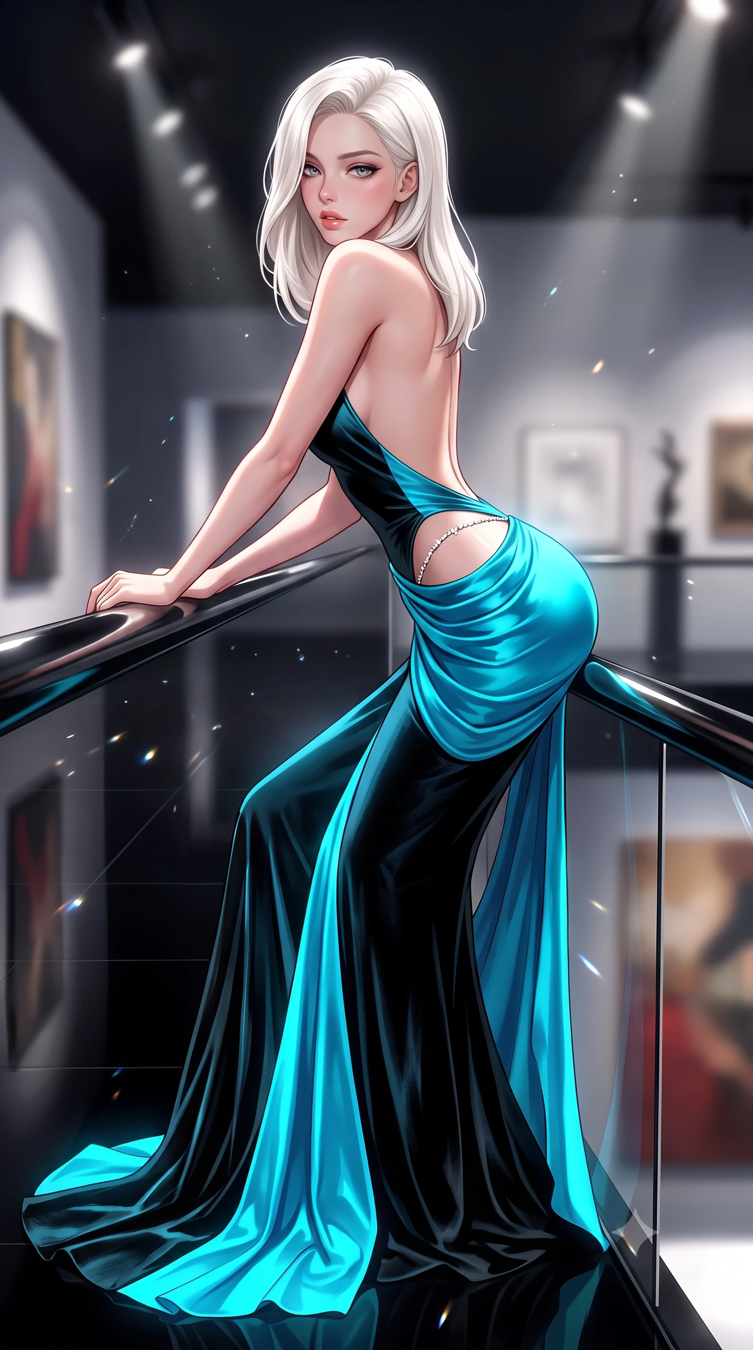 score_9, masterpiece, best quality, ultra-detailed, high-budget anime keyframe, semi-realistic 3D game render, editorial fashion photography, tasteful artistic composition, Caucasian woman. close-up cowboy shot from the waist and thighs up, the character dominates the composition, filling the frame with her large presence. leaning forward against the polished railing with her hips cocked back, creating an intoxicating curve from her narrow waist to sculpted hips as she gazes back into the lens while gliding across the high-gloss black epoxy floor with sovereign elegance, glancing over a bare shoulder with parted glossy lips. The composition keeps background elements in soft focus with creamy bokeh. gallery pin-spotlight beams and reflective floor highlights scattering sleek directional light motes. She has an exceptionally elegant, slender, and willowy female figure with an ultra-slim waist, flat toned midriff, narrow ribcage, and sculpted feminine hips creating an alluring, slim hourglass silhouette without bulk. sharp v-shaped jawline, high-bridge nose, intricate jewel-like eyes with depth, thick eyelashes, glossy parted lips with a natural sheen, intensely captivating and seductive bedroom-eyes expression, flawlessly proportioned anatomical accuracy, strict slender model proportions, natural body alignment, perfectly sculpted long slender limbs, ultra-slim waistline, clean dynamic posture without body distortion. wearing an open-back duchess satin gala gown with a dramatic hip-hugging drape and cascading trailing hem in neon electric cyan and lacquer black, crafted from heavyweight crushed silk velvet with liquid vintage luster, accented with a dainty diamond waist chain catching the ambient light reflections, the form-contouring material adhering flawlessly to her sculpted flat midriff and slender torso, emphasizing her long leg lines and perfectly proportioned willowy build. illuminated by sharp linear edge highlights defining her sculpted collarbones, ultra-slim waist, and curvy hips. highly saturated vibrant anime colors, detailed shading with soft gradients, rich glossy textures, high-contrast stereoscopic depth, volumetric dynamic lighting, master piece, 9:16 ratio
