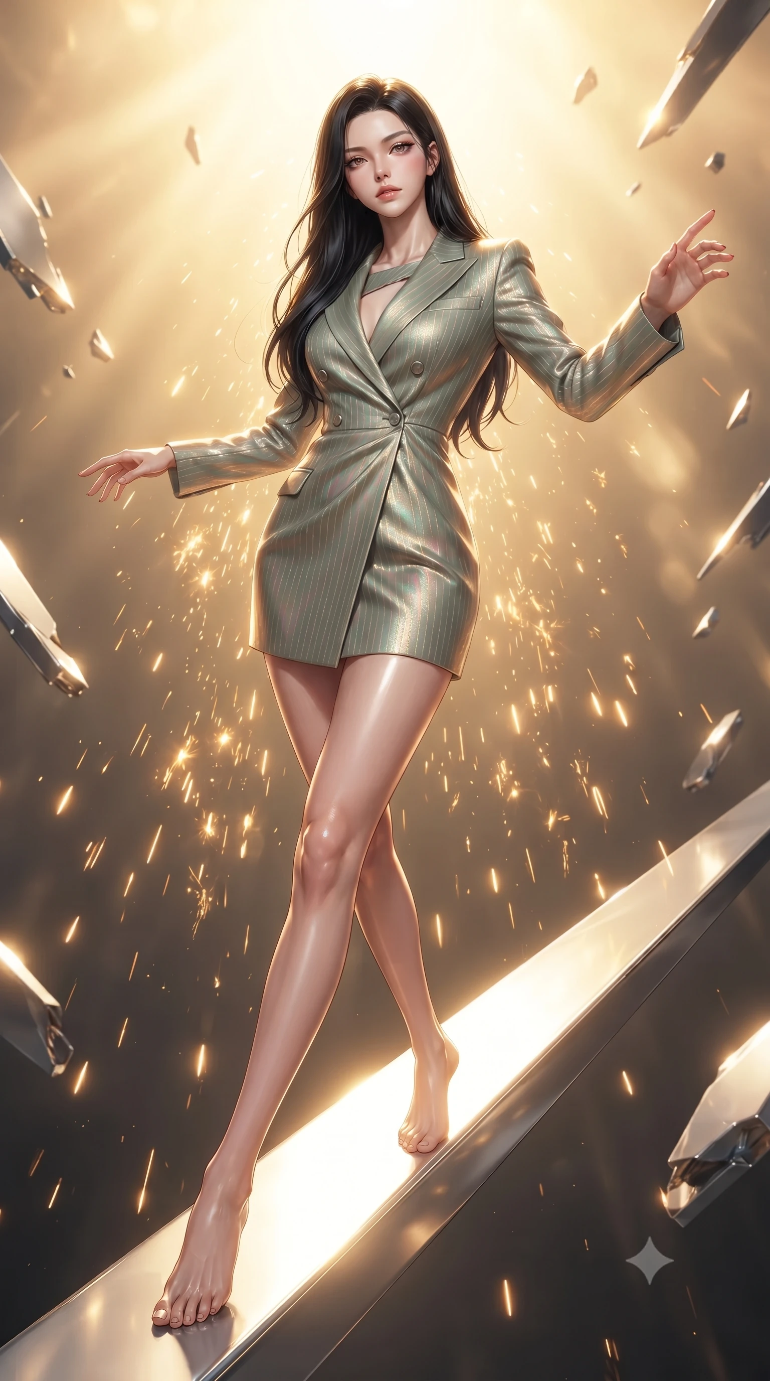 score_9, masterpiece, best quality, ultra-detailed, high-budget anime keyframe, editorial fashion photography, tasteful artistic composition, Korean woman. low angle full-body shot from head to toe showing her feet, filling the entire 9:16 vertical frame with her statuesque presence, stretching her vertical silhouette. forging dynamically through the scene with her long slender legs and ultra-slim waist creating a sweeping S-curve while reaching one arm gracefully toward the camera while balancing on a floating platinum beam, blazing solar flare sparks falling like a golden shower around her statuesque figure. She has an absolutely perfect, statuesque 8.5-heads proportion, an exceptionally tall and slender model-like female figure with impossibly long slender legs and an ultra-slim waist. sharp v-shaped jawline, high-bridge nose, intricate jewel-like eyes with depth, thick eyelashes, glossy lips with a natural sheen, flawlessly proportioned anatomical accuracy, natural body alignment, perfectly sculpted elegant limbs, clean dynamic posture without body distortion. wearing a double-breasted blazer dress with subtle metallic pin-stripes in sage green and oatmeal, crafted from iridescent chiffon that shifts colors in the light, accented with a Tasteful chest slit framing her clavicle gracefully, the elegant draped fit framing her graceful clavicle and slender torso. bathed in glorious golden solar flares and intense warm sunburst backlighting. ultra-reflective glossy finish, specular highlights, metallic sheen, high-contrast stereoscopic depth, volumetric dynamic lighting, 2k, ultra detail, master piece, 9:16 ratio