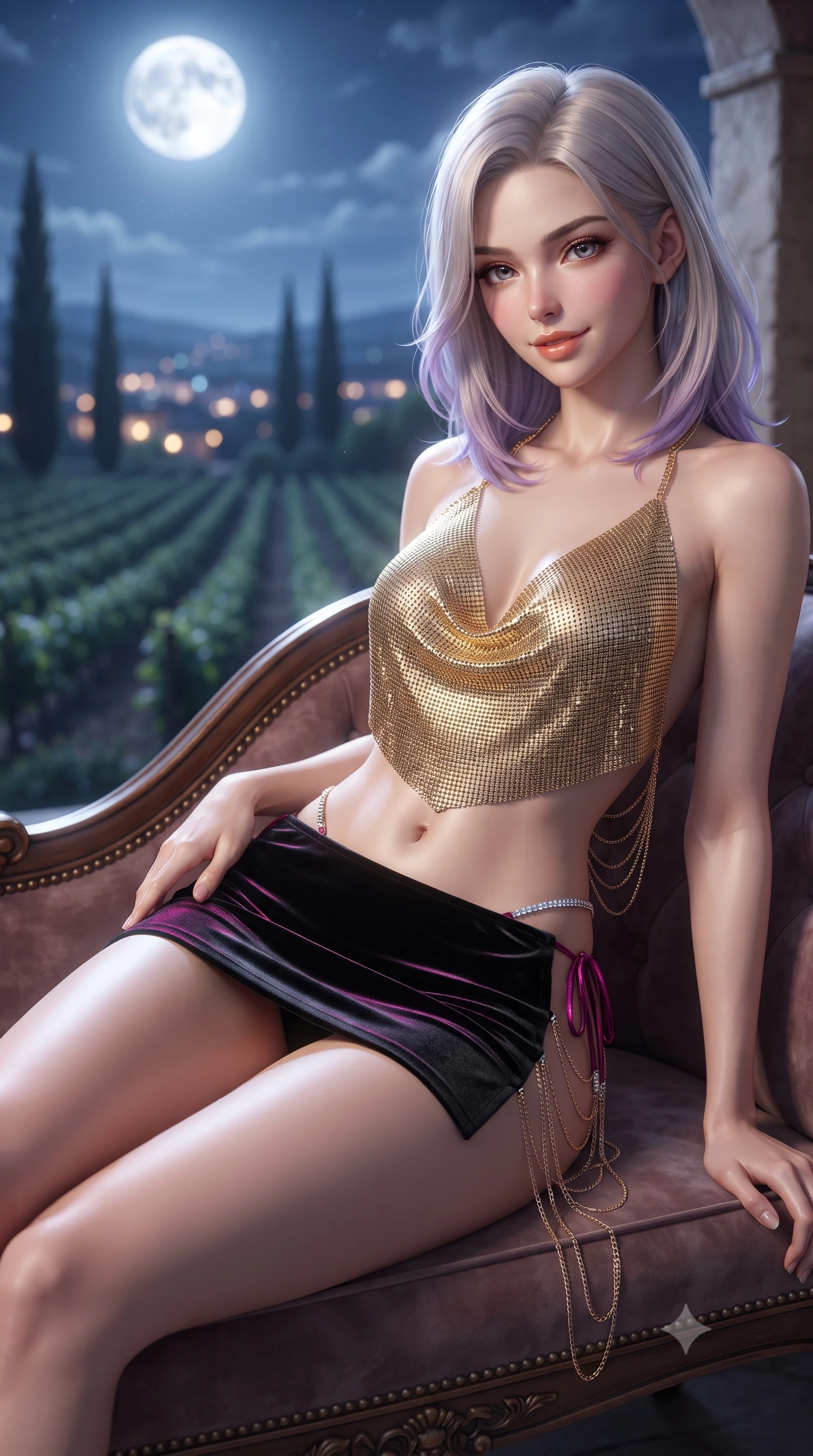 score_9, masterpiece, best quality, ultra-detailed, high-budget anime keyframe, editorial fashion photography, tasteful artistic composition, Caucasian woman. close-up cowboy shot from the waist and thighs up, the character dominates the composition, filling the frame with her large presence. tilting her head with a teasing half-smile, running one hand slowly down the side of her hip in a flirtatious S-curve as ambient light caresses her silhouette while lounging in the vintage velvet chaise inside the open loggia, her long slender legs and flat midriff radiating effortless aristocratic sensuality. The background shows a soft-focus endless rolling vineyards under a brilliant silver full moon, silhouettes of slender cypress trees, and twinkling village lights blurred into indigo, silver, and amber bokeh. She has an exceptionally elegant, slender, and willowy female figure with an ultra-slim waist, flat toned midriff, narrow ribcage, and sculpted feminine hips creating an alluring, slim hourglass silhouette without bulk. sharp v-shaped jawline, high-bridge nose, sparkling eyes with hypnotic seductive depth, thick curled eyelashes, glossy parted lips with a natural dewy peach sheen, alluring bedroom-eyes with an enchanting coquettish smile, exuding magnetic siren charisma and sophisticated glamour, flawlessly proportioned anatomical accuracy, strict slender model proportions, natural body alignment, perfectly sculpted long slender limbs, ultra-slim waistline, clean dynamic posture without body distortion. wearing a liquid gold chainmail cowl halter top paired with an ultra-low-rise velvet mini skirt and side rhinestone ties in wet-look onyx black with electric magenta reflections, woven from buttery-soft stretch lambskin leather adhering to her body like a second skin, accented with an open-back drape framed by falling strands of delicate gold chains, the glove-like clinging cut tightly following the natural contour of her hips and long slender legs with youthful 8.5-heads elegance. bathed in cool silver full moonlight streaming from the open sky mixed with warm 2800K light spilling from the chateau grand ballroom. ultra-reflective glossy finish, specular highlights, rich textural contrasts, high-contrast stereoscopic depth, volumetric dynamic lighting, 2k, ultra detail, master piece, 9:16 ratio