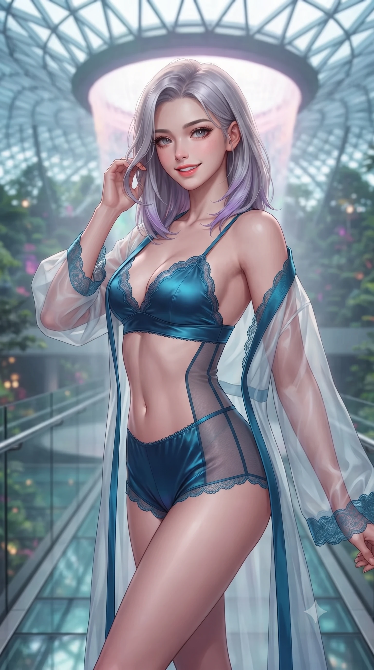 score_9, masterpiece, best quality, ultra-detailed, high-budget anime keyframe, editorial fashion photography, tasteful artistic composition, Caucasian woman. close-up cowboy shot from the waist and thighs up, the character dominates the composition, filling the frame with her large presence. gently brushing a lock of hair behind her ear while casting a playful, flirtatious side-gaze with long eyelashes while standing poised on the cantilevered glass skybridge beside the colossal 7-story indoor waterfall vortex cascading from the domed ceiling, arching her lower back with breathtaking siren grace. The background shows a soft-focus swirling thermal waterfall mist softened in futuristic garden dome shallow focus. She has an exceptionally elegant, slender, and willowy female figure with an ultra-slim waist, flat toned midriff, narrow ribcage, and sculpted feminine hips creating an alluring, slim hourglass silhouette without bulk. sharp v-shaped jawline, high-bridge nose, intricate jewel-like sparkling eyes with depth, thick eyelashes, glossy parted lips with a natural peach sheen, bright cheerful beaming smile with an enchanting and coquettish sensual glint, exuding both youthful cute charm and seductive allure, flawlessly proportioned anatomical accuracy, strict slender model proportions, natural body alignment, perfectly sculpted long slender limbs, ultra-slim waistline, clean dynamic posture without body distortion. wearing a sheer silk organza modern caftan robe worn loose and slipping off bare shoulders over a matching satin bralette and micro-shorts in Singapore Marina Bay electric cyan and midnight sapphire, featuring strategic sheer-illusion tulle side panels framing her ribcage and hips, finished with scalloped eyelash lace trim framing her sweetheart neckline with intimate elegance, the precision-cut side openings and low-back scoop framing her graceful spine and the sensual sweep of her slim, toned hips. bathed in the dynamic multi-colored projection mapping of the waterfall vortex combined with soft warm botanical uplights. ultra-reflective glossy finish, specular highlights, rich textural contrasts, high-contrast stereoscopic depth, volumetric dynamic lighting, 2k, ultra detail, master piece, 9:16 ratio