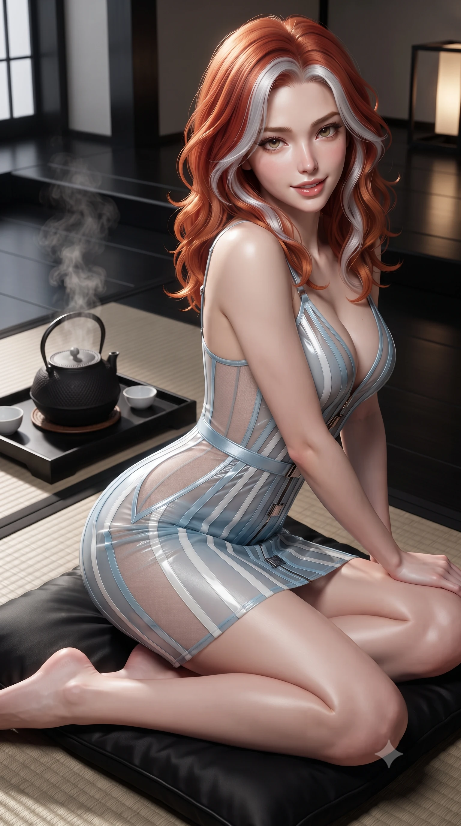 score_9, masterpiece, best quality, ultra-detailed, high-budget anime keyframe, editorial fashion photography, tasteful artistic composition, Caucasian woman. close-up cowboy shot from the waist and thighs up, the character dominates the composition, filling the frame with her large presence. leaning forward while arching her lower back to accentuate her curvy hips, looking into the camera with an intoxicating smoldering gaze and bedroom-eyes while sitting gracefully in seiza on the silk floor cushion with legs folded, flashing an enchanting smile with parted glossy lips as steam rises from the cast-iron kettle. The surrounding environment is rendered in vivid detail and crisp panoramic clarity: detailed high-neck cyber-kimono tailoring, luxurious silk brocade weave, and modern Japanese minimalist luxury in high resolution. She has an exceptionally elegant, slender, and willowy female figure with an ultra-slim waist, flat toned midriff, narrow ribcage, and sculpted feminine hips creating an alluring, slim hourglass silhouette without bulk. sharp v-shaped jawline, high-bridge nose, intricate jewel-like sparkling eyes with depth, thick eyelashes, glossy parted lips with a natural peach sheen, bright cheerful beaming smile with an enchanting and coquettish sensual glint, exuding both youthful cute charm and seductive allure, flawlessly proportioned anatomical accuracy, strict slender model proportions, natural body alignment, perfectly sculpted long slender limbs, ultra-slim waistline, clean dynamic posture without body distortion. wearing a plunge-front sheer illusion tulle combat slip dress with liquid platinum ribbon stripes hugging her curves in arctic cryo-glacier ice blue and platinum white, featuring strategic sheer-illusion tulle side panels framing her ribcage and hips, finished with sleek magnetic buckle closures fluttering in the breeze, the liquid-tight tailored fabric clinging flawlessly to her narrow waist and rounded feminine hips, emphasizing every millimeter of her sculpted slim hourglass curves without any bulky heaviness. illuminated by black tatami reflection bounce and sharp warm-gold rim lights sculpting her jawline, narrow waist, and curvy hips. ultra-reflective glossy finish, specular highlights, rich textural contrasts, high-contrast stereoscopic depth, volumetric dynamic lighting, 2k, ultra detail, master piece, 9:16 ratio