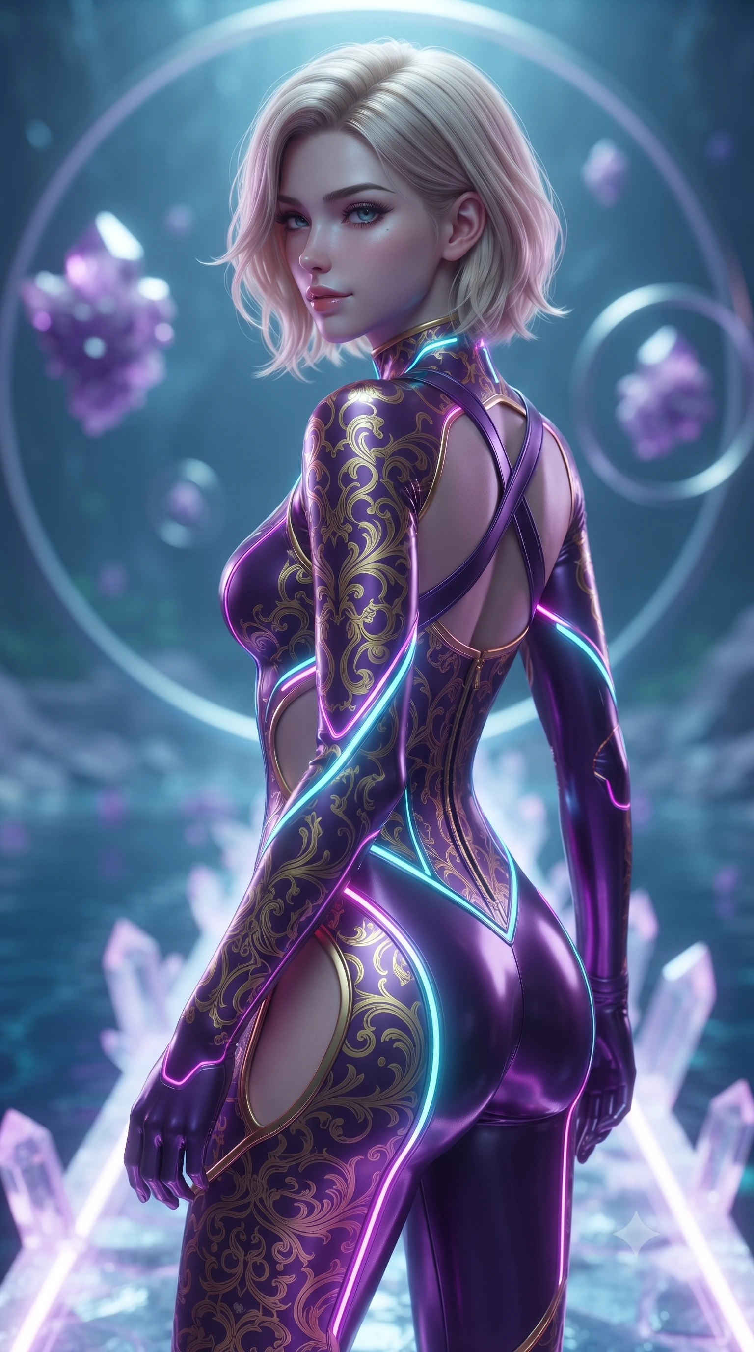 score_9, masterpiece, best quality, ultra-detailed, high-budget anime keyframe, editorial fashion photography, tasteful artistic composition, Caucasian woman. close-up cowboy shot from the waist and thighs up, the character dominates the composition, filling the frame with her large presence, background elements kept in soft focus. Glancing sidelong over her shoulder with a smoldering half-smile and heavy lashes stepping along a glowing quartz crystal bridge over a subterranean mirror lake, floating amethyst clusters drifting in smooth circular orbits. She has an exceptionally elegant, slender, and willowy female figure with an ultra-slim waist, a gracefully sculpted slender torso, and a refined silhouette. sharp v-shaped jawline, high-bridge nose, intricate jewel-like eyes with depth, thick eyelashes, glossy lips with a natural sheen. wearing a skin-tight cybernetic bodysuit with glowing neon seams and side cutouts in plum purple and gold filigree, formed from sleek second-skin neoprene, complemented by criss-cross back straps highlighting her bare shoulders, the glove-like fit emphasizing her statuesque silhouette. surrounded by a cool jewel-toned luminescence with bright specular rim lights. ultra-reflective glossy finish, specular highlights, metallic sheen, high-contrast stereoscopic depth, volumetric dynamic lighting, 2k, ultra detail, master piece, 9:16 ratio