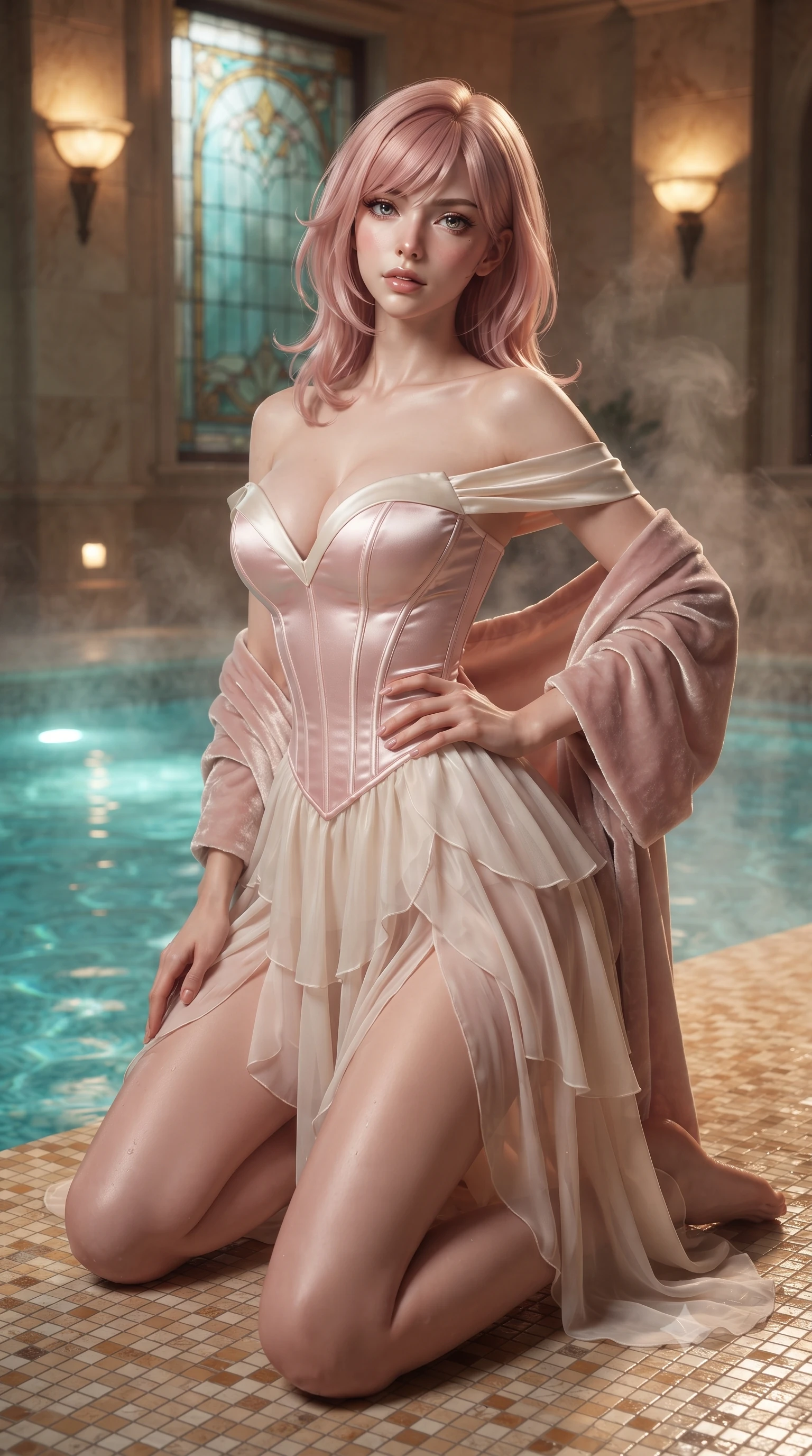 score_9, masterpiece, best quality, ultra-detailed, high-budget anime keyframe, editorial fashion photography, tasteful artistic composition, Japanese woman. close-up cowboy shot from the waist and thighs up, the character dominates the composition, filling the frame with her large presence. leaning back with relaxed seductive grace, her sculpted collarbones and narrow waist highlighted as she casts smoldering bedroom-eyes directly into the camera while kneeling gracefully on the warm mosaic tile deck with one hand on her hip, thermal steam rising to frame her feminine silhouette. The surrounding environment is rendered in vivid detail and crisp panoramic clarity. detailed mineral pool ripple caustics, wet fabric sheen, and stained-glass lead lines in high clarity. She has an exceptionally elegant, slender, and willowy female figure with an ultra-slim waist, flat toned midriff, narrow ribcage, and sculpted feminine hips creating an alluring, slim hourglass silhouette without bulk. sharp v-shaped jawline, high-bridge nose, intricate jewel-like eyes with depth, thick eyelashes, glossy parted lips with a natural sheen, intensely captivating and seductive bedroom-eyes expression, flawlessly proportioned anatomical accuracy, strict slender model proportions, natural body alignment, perfectly sculpted long slender limbs, ultra-slim waistline, clean dynamic posture without body distortion. wearing an off-shoulder French court corset bodice dress paired with a tiered translucent chiffon slit skirt in sakura blossom pink and warm ivory, tailored from ultra-smooth duchess satin with a pearlescent sheen, complemented by a plush velvet shawl draped loosely over her elbows, the glove-like aerodynamic silhouette tightly following the natural contour of her hips and long slender legs with statuesque 8.5-heads elegance. bathed in soft underwater turquoise pool illumination and warm golden stone sconce uplights. ultra-reflective glossy finish, specular highlights, rich textural contrasts, high-contrast stereoscopic depth, volumetric dynamic lighting, 2k, ultra detail, master piece, 9:16 ratio