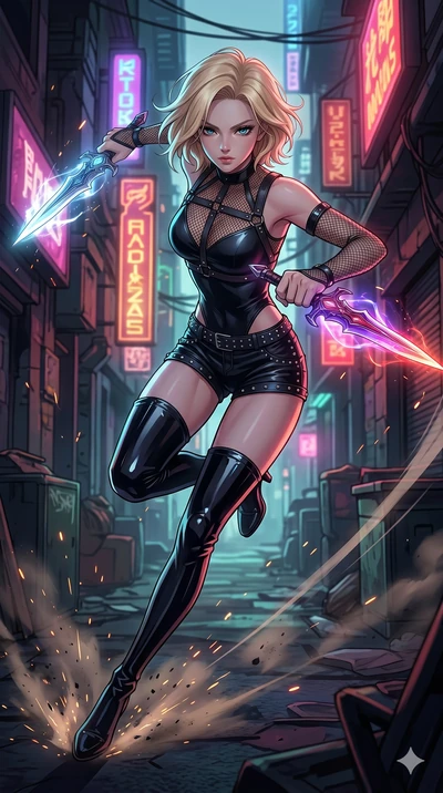 score_9, masterpiece, best quality, ultra-detailed, high-budget anime movie keyframe, cinematic anime lighting, intricate line art, Japanese woman. Mid-air action shot capturing a graceful twist and vertical silhouette. lunging from the shadows with 