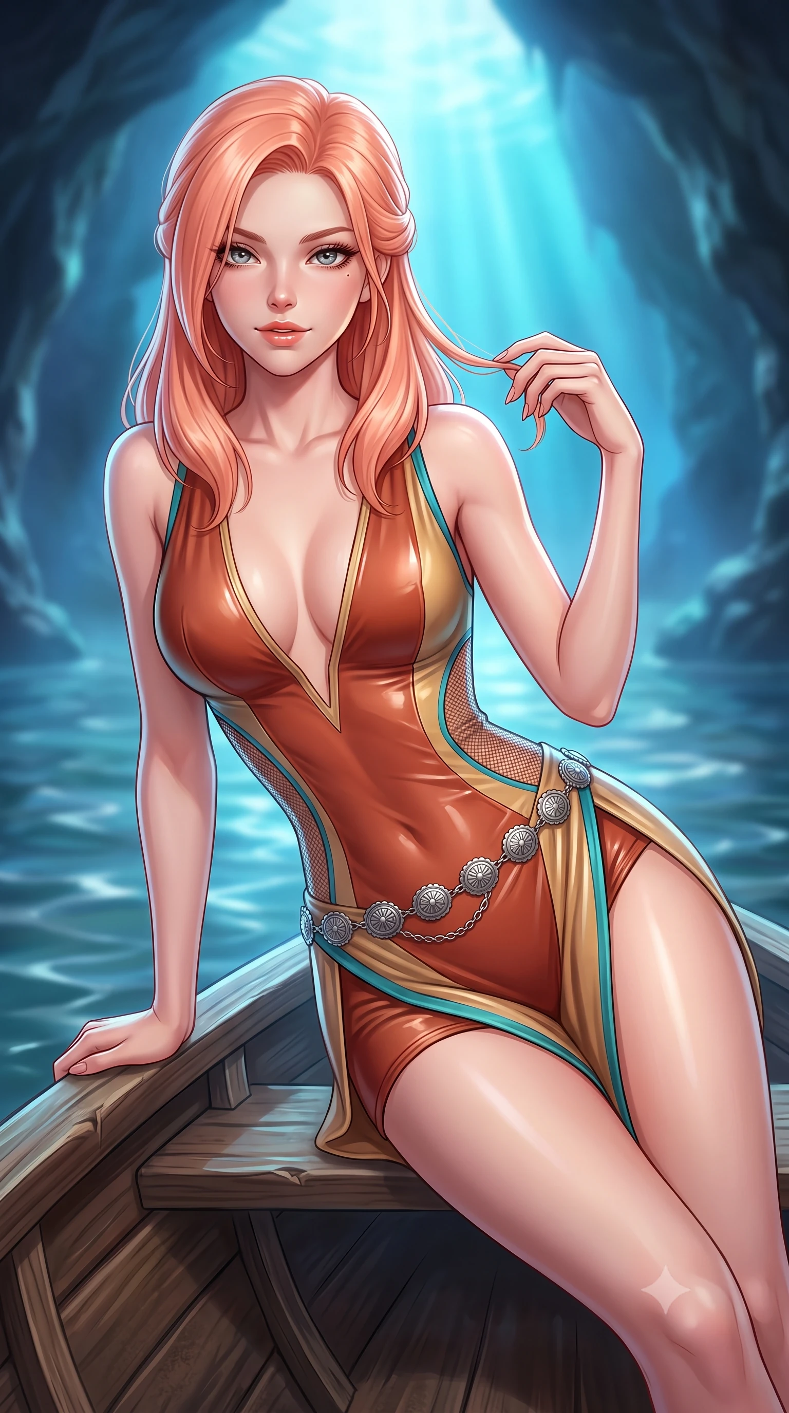 score_9, masterpiece, best quality, ultra-detailed, high-budget anime keyframe, semi-realistic 3D game render, editorial fashion photography, tasteful artistic composition, Japanese woman. close-up cowboy shot from the waist and thighs up, the character dominates the composition, filling the frame with her large presence. twisting her slender torso in an alluring contrapposto stance, one hand resting on her sculpted hip while her fingers toy with her hair with effortless poise while reclining on the small wooden rowboat propped on one hand, her wet-look silhouette radiating supernatural Mediterranean beauty. The background shows a soft-focus grotto entrance ripples softened in mysterious maritime subterranean shallow focus. She has an exceptionally elegant, slender, and willowy female figure with an ultra-slim waist, flat toned midriff, narrow ribcage, and sculpted feminine hips creating an alluring, slim hourglass silhouette without bulk. sharp v-shaped jawline, high-bridge nose, sparkling eyes with hypnotic seductive depth, thick curled eyelashes, glossy parted lips with a natural dewy peach sheen, alluring bedroom-eyes with an enchanting coquettish smile, exuding magnetic siren charisma and sophisticated glamour, flawlessly proportioned anatomical accuracy, strict slender model proportions, natural body alignment, perfectly sculpted long slender limbs, ultra-slim waistline, clean dynamic posture without body distortion. wearing a deep V-neck wet-look liquid lycra romper with side-torso mesh inserts accentuating her hourglass curves in terracotta rust and desert sand gold with turquoise accents, made of semi-opaque stretch illusion mesh with soft shadowy contours, accented with an intricate silver concho waist chain resting loosely on her curvy hips, the high-slit wrap tailoring accentuating her ultra-slim waistline and the enchanting curve of her feminine hips with alluring seductive charm. bathed in ethereal glowing cobalt-and-cyan light radiating upward through the submerged cave opening. highly saturated vibrant anime colors, detailed shading with soft gradients, rich glossy textures, high-contrast stereoscopic depth, volumetric dynamic lighting, master piece, 9:16 ratio