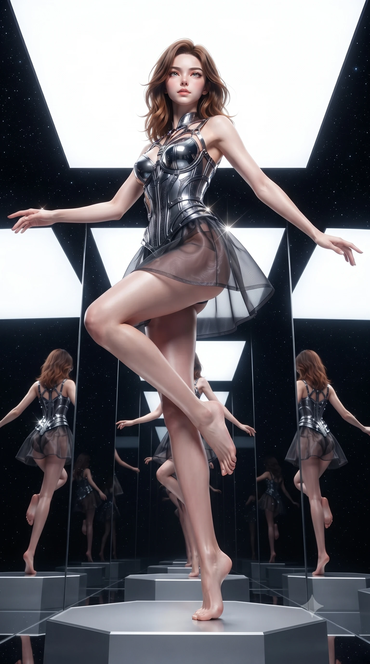 score_9, masterpiece, best quality, ultra-detailed, high-budget anime keyframe, editorial fashion photography, tasteful artistic composition, Korean woman. low angle full-body shot from head to toe showing her feet, filling the entire 9:16 vertical frame with her statuesque presence, stretching her vertical silhouette. leaping dynamically through the starry space, her posture full of power and elegance, poised on a platinum pedestal as infinite mirror reflections repeat into white space, high-definition visual clarity with razor-sharp outfit specular glints. She has an absolutely perfect, statuesque 8.5-heads proportion, an exceptionally tall and slender model-like female figure with impossibly long slender legs and an ultra-slim waist. sharp v-shaped jawline, high-bridge nose, intricate jewel-like eyes with depth, thick eyelashes, glossy lips with a natural sheen. wearing translucent dark organza mini dress over structured black lace corset in metallic dark silver, made of sculpted obsidian metallic chrome, highlighted by a gunmetal metallic harness structure, following her slender form with tailored precision. illuminated by bright daylight vanity bulbs and multi-directional studio key rays. ultra-reflective glossy finish, specular highlights, metallic sheen, high-contrast stereoscopic depth, volumetric dynamic lighting, 2k, ultra detail, master piece, 9:16 ratio