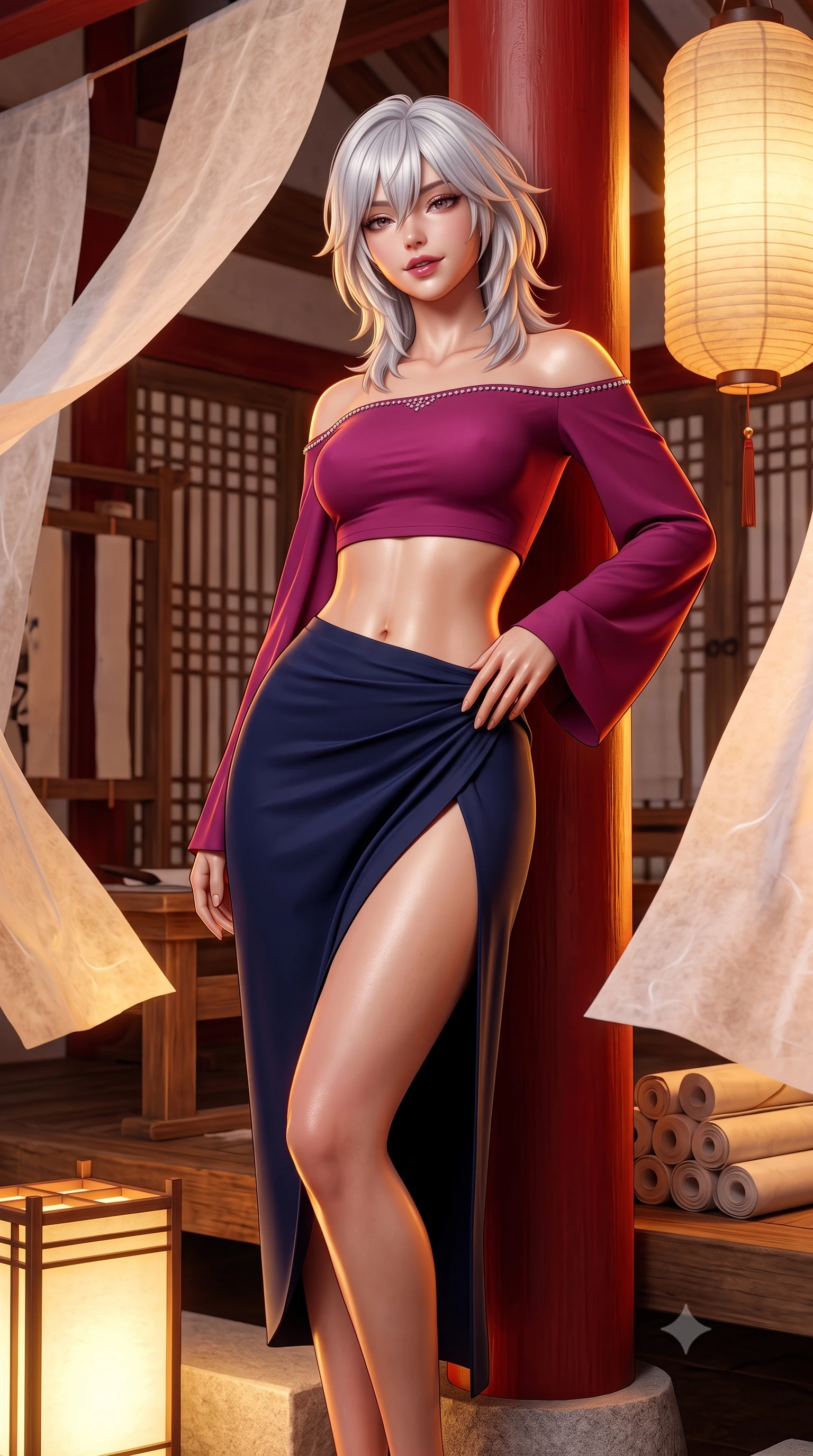 score_9, masterpiece, best quality, ultra-detailed, high-budget anime keyframe, semi-realistic 3D game render, editorial fashion photography, tasteful artistic composition, Japanese woman. close-up cowboy shot from the waist and thighs up, the character dominates the composition, filling the frame with her large presence. leaning back against the red lacquer pillar with relaxed seductive grace, her flat midriff and narrow waist highlighted as warm lantern light traces her curves while standing poised between drying sheets of translucent mulberry paper that flutter like silk, arching her back with ethereal artistic grace. The surrounding environment is rendered in vivid detail and crisp panoramic clarity: detailed linen and silk outfit weave, warm amber lantern sheen on skin, and traditional Korean workshop craft in high resolution. She has an exceptionally elegant, slender, and willowy female figure with an ultra-slim waist, flat toned midriff, narrow ribcage, and sculpted feminine hips creating an alluring, slim hourglass silhouette without bulk. sharp v-shaped jawline, high-bridge nose, intricate jewel-like dark sparkling almond eyes with depth, thick lashes, glossy parted lips with a natural rose-plum sheen, bright alluring and coquettish smile with bedroom-eyes, exuding both timeless oriental elegance and sovereign high-fashion allure, flawlessly proportioned anatomical accuracy, strict slender model proportions, natural body alignment, perfectly sculpted long slender limbs, ultra-slim waistline, clean dynamic posture without body distortion. wearing a modern two-piece fusion set with an off-shoulder crop blouse and high-slit wrap skirt tracing her curvaceous hips in deep lotus magenta and matte midnight navy, made of supple second-skin stretch silk jersey clinging flawlessly to her form, finished with subtle crystal rhinestones tracing the elegant neckline, the form-fitting tailored bodice adhering flawlessly to her sculpted flat midriff and slender torso, emphasizing her long leg lines and perfectly proportioned willowy build. illuminated by soft floor uplighting and sharp golden-amber rim lighting carving her razor-sharp jawline, narrow waist, and curvy hips. highly saturated vibrant anime colors, detailed shading with soft gradients, rich glossy textures, high-contrast stereoscopic depth, volumetric dynamic lighting, master piece, 9:16 ratio