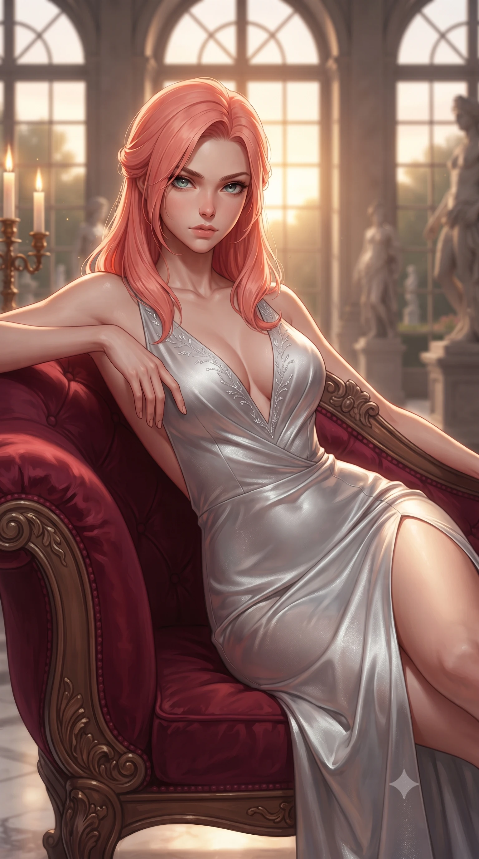 score_9, masterpiece, best quality, ultra-detailed, high-budget anime keyframe, editorial fashion photography, tasteful artistic composition, Japanese woman. close-up cowboy shot from the waist and thighs up, the character dominates the composition, filling the frame with her large presence. leaning back with relaxed seductive grace, her sculpted collarbones and narrow waist highlighted as she casts smoldering bedroom-eyes directly into the camera while reclining languidly on a crimson velvet French court chaise longue, her slender waist and curved hips sculpted by warm candlelight and golden rays. The composition keeps background elements in soft focus with creamy bokeh. distant Orangerie gardens and marble statues softened in majestic imperial shallow focus. She has an exceptionally elegant, slender, and willowy female figure with an ultra-slim waist, flat toned midriff, narrow ribcage, and sculpted feminine hips creating an alluring, slim hourglass silhouette without bulk. sharp v-shaped jawline, high-bridge nose, intricate jewel-like eyes with depth, thick eyelashes, glossy parted lips with a natural sheen, intensely captivating and seductive bedroom-eyes expression, flawlessly proportioned anatomical accuracy, strict slender model proportions, natural body alignment, perfectly sculpted long slender limbs, ultra-slim waistline, clean dynamic posture without body distortion. wearing a plunging-V neckline duchess satin gown with high side slits ascending to the high hip in shimmering silver mercury and pearl white, crafted from heavyweight crushed silk velvet with liquid vintage luster, finished with delicate crystal frost embroidery tracing the plunging neckline, the dramatically scooped open back descending to the base of her spine, accentuating her razor-sharp statuesque lines and slim hourglass silhouette. bathed in dramatic golden hour sunset backlighting through towering French arched windows. ultra-reflective glossy finish, specular highlights, rich textural contrasts, high-contrast stereoscopic depth, volumetric dynamic lighting, 2k, ultra detail, master piece, 9:16 ratio