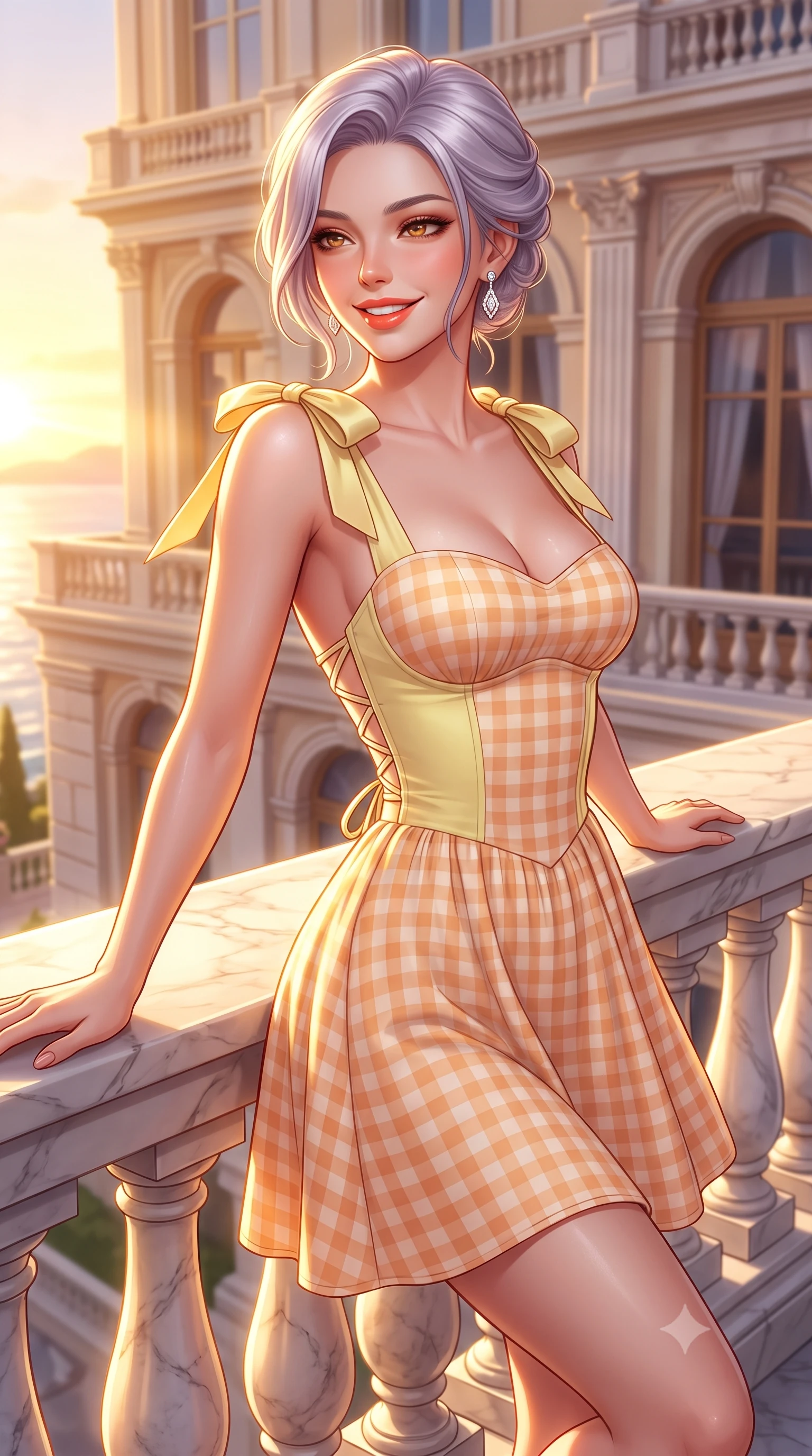 score_9, masterpiece, best quality, ultra-detailed, high-budget anime keyframe, semi-realistic 3D game render, editorial fashion photography, tasteful artistic composition, Caucasian woman. close-up cowboy shot from the waist and thighs up, the character dominates the composition, filling the frame with her large presence. leaning back against the sunlit marble railing with relaxed seductive grace, her flat midriff and narrow waist highlighted as golden hour light traces her curves while twisting her slender torso in an alluring contrapposto stance, her high-fashion resort gown catching the evening sea breeze. The surrounding environment is rendered in vivid detail and crisp panoramic clarity. detailed haute-couture resort gown sheen, diamond earrings sparkle, and palace architecture in high resolution. She has an exceptionally elegant, slender, and willowy female figure with an ultra-slim waist, flat toned midriff, narrow ribcage, and sculpted feminine hips creating an alluring, slim hourglass silhouette without bulk. sharp v-shaped jawline, high-bridge nose, sparkling amber-hazel eyes with depth, long lush eyelashes, glossy sun-kissed lips with a warm coral glaze, radiant teasing smile with sensual sunlit bedroom-eyes, exuding effortless old-money elegance and intoxicating sun-drenched allure, flawlessly proportioned anatomical accuracy, strict slender model proportions, natural body alignment, perfectly sculpted long slender limbs, ultra-slim waistline, clean dynamic posture without body distortion. wearing a backless lace-up gingham sundress in soft apricot with a form-fitting bodice and hip-defining silhouette in pastel limoncello yellow and vanilla cream, crafted from fine lightweight breathable linen with an effortless natural drape, finished with cute satin bow ribbons tying at the shoulders, the form-contouring cut accentuating her sculpted flat midriff, narrow delicate ribcage, and gracefully curvy hips with sun-drenched supermodel elegance. bathed in brilliant golden hour sunset illumination streaming across the French Riviera coastline. highly saturated vibrant anime colors, detailed shading with soft gradients, rich glossy textures, high-contrast stereoscopic depth, volumetric dynamic lighting, master piece, 9:16 ratio