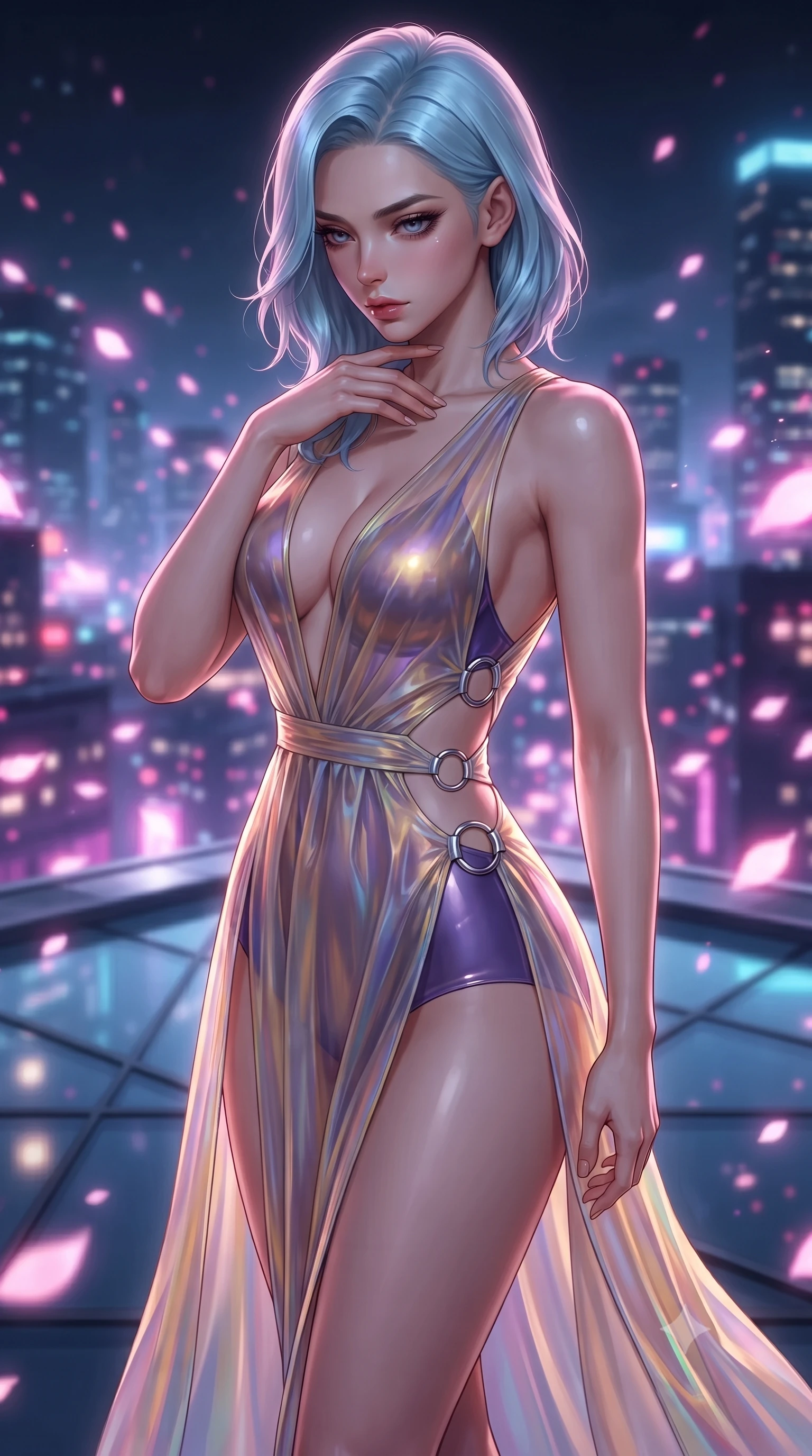 score_9, masterpiece, best quality, ultra-detailed, high-budget anime keyframe, editorial fashion photography, tasteful artistic composition, Korean woman. close-up cowboy shot from the waist and thighs up, the character dominates the composition, filling the frame with her large presence. resting her fingers lightly against her throat while looking down with a smoldering, haughty yet intensely captivating glance while pivoting dramatically on a glass rooftop helipad as glowing pink sakura petals swirl across the city night. The composition keeps background elements in soft focus with creamy bokeh. twinkling cyberpunk city lights and glowing sakura petal trails blurred into vibrant neon bokeh. She has an exceptionally elegant, slender, and willowy female figure with an ultra-slim waist, a gracefully sculpted slender torso, and a refined silhouette. sharp v-shaped jawline, high-bridge nose, intricate jewel-like eyes with depth, thick eyelashes, glossy lips with a natural sheen, flawlessly proportioned anatomical accuracy, natural body alignment, perfectly sculpted elegant limbs, clean dynamic posture without body distortion. wearing a translucent iridescent chiffon gown with a plunging neckline, high dual thigh slits, and an open back in lustrous molten gold and pure deep violet, crafted from ultra-reflective second-skin latex with a glass-like polish, detailed with polished silver rings connecting the daring side-waist cutouts, the glove-like fit tightly following every curve of her statuesque athletic build. surrounded by a dizzying, windswept, and exhilarating high-altitude sensual aura. ultra-reflective glossy finish, specular highlights, metallic sheen, high-contrast stereoscopic depth, volumetric dynamic lighting, 2k, ultra detail, master piece, 9:16 ratio