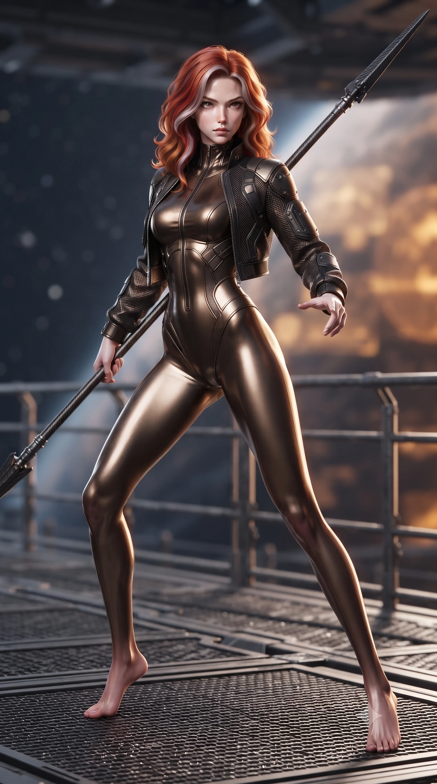 score_9, masterpiece, best quality, ultra-detailed, high-budget anime keyframe, editorial fashion photography, tasteful artistic composition, Caucasian woman. low angle full-body shot from head to toe showing her feet, filling the entire 9:16 vertical frame with her statuesque presence, stretching her vertical silhouette. standing in a dynamic combat stance with a carbon-fiber spear held diagonally, stretching her statuesque body, the background shows a soft-focus a citadel catwalk made of carbon-fiber grids and steel railings in space. She has an absolutely perfect, statuesque 8.5-heads proportion, an exceptionally tall and slender model-like female figure with impossibly long slender legs and an ultra-slim waist. sharp v-shaped jawline, high-bridge nose, intricate jewel-like eyes with depth, thick eyelashes, glossy lips with a natural sheen. wearing a tailored form-fitting high-neck bodysuit in dark bronze, worn under a tailored open carbon-mesh tactical jacket. starlight and the warm amber glow of planetary holograms on her form. ultra-reflective glossy finish, specular highlights, metallic sheen, high-contrast stereoscopic depth, volumetric dynamic lighting, 2k, ultra detail, master piece, 9:16 ratio