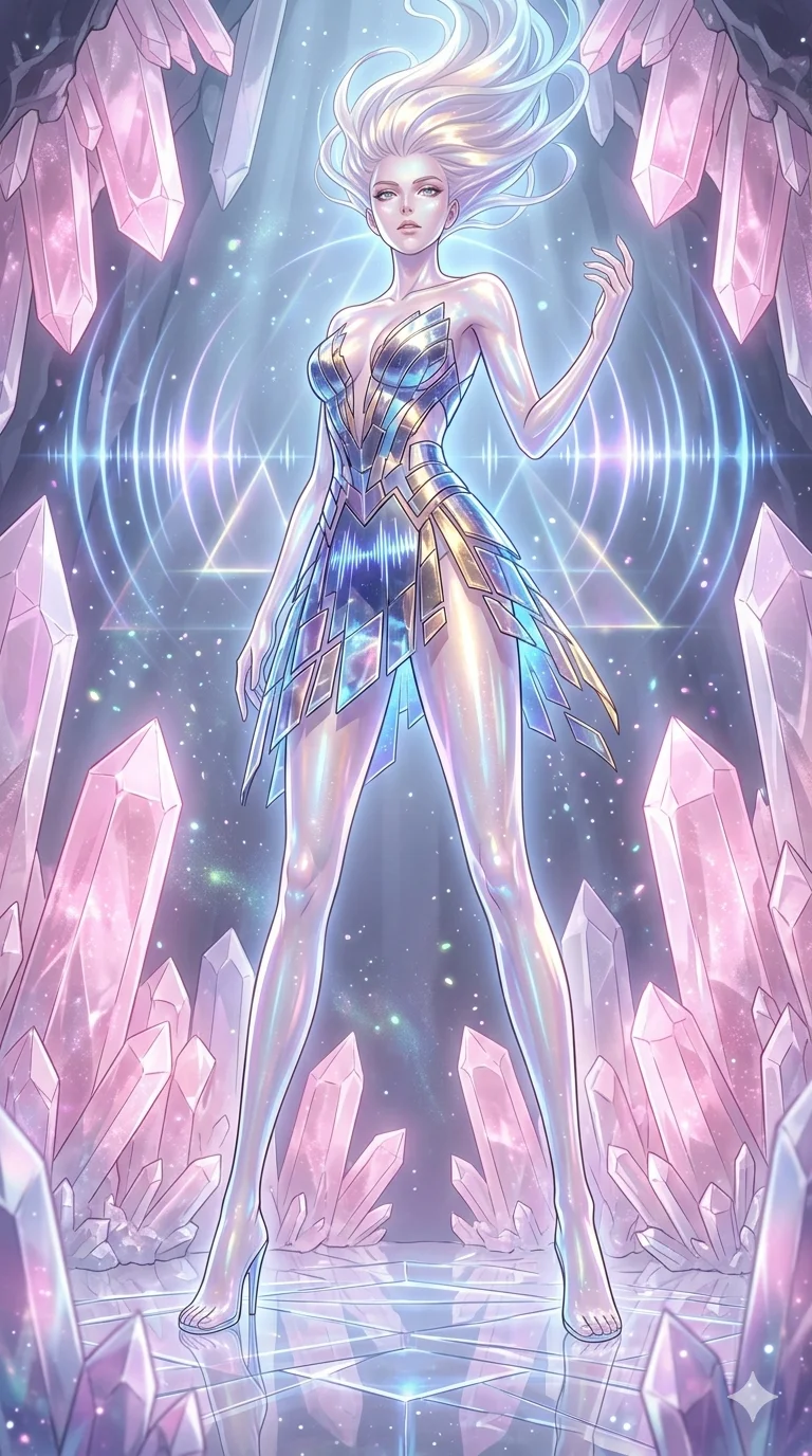 score_9, masterpiece, best quality, ultra-detailed, high-budget anime keyframe, an incredibly beautiful Caucasian woman (strictly human ears). Full-body shot stretching the vertical silhouette, dominating the 9:16 frame. She is an entity of pure sound resonating in a crystal chamber. She possesses a statuesque height and a towering silhouette, highlighting her long slender legs and perfect 8-heads proportion. Her face is a highly detailed masterpiece featuring a sharp v-shaped jawline, high-bridge nose, intricate jewel-like eyes, thick eyelashes, and glossy lips. She is wearing a high-cut metallic dress that vibrates with energy. A cave made of perfectly symmetrical quartz crystals, glowing with a soft pink hue., 2k, ultra detail, master piece, 9:16 ratio