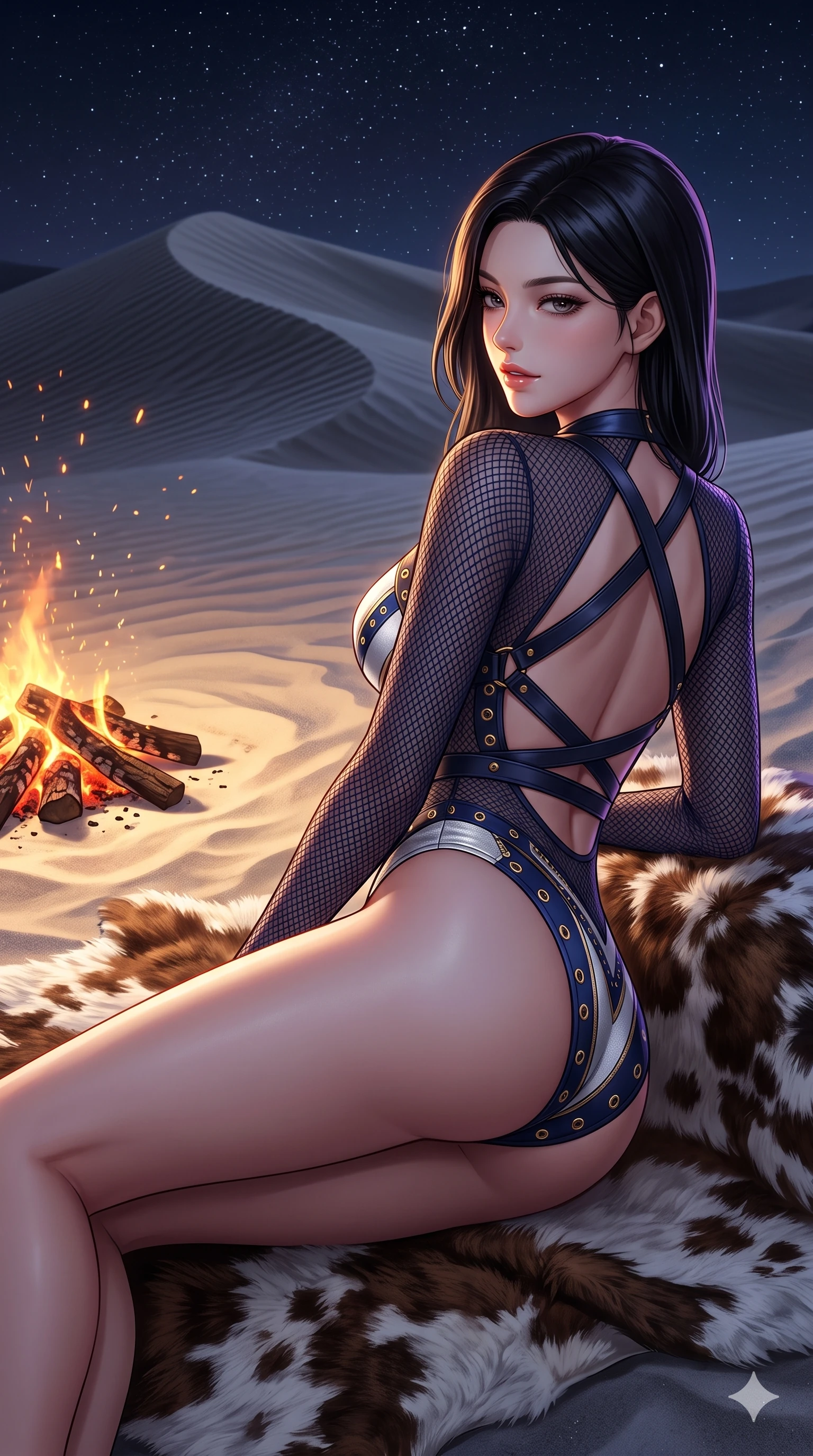 score_9, masterpiece, best quality, ultra-detailed, high-budget anime keyframe, semi-realistic 3D game render, editorial fashion photography, tasteful artistic composition, Korean woman. close-up cowboy shot from the waist and thighs up, the character dominates the composition, filling the frame with her large presence. posing in an alluring rear three-quarter angle, looking over a bare shoulder with parted glossy lips, her hips cocked back to highlight her slim hourglass curve while reclining on her side in an elegant Cleopatra pose on the soft sand dune, the dramatic contour of her rounded hips and long slender legs commanding the vertical frame under starlight. The surrounding environment is rendered in vivid detail and crisp panoramic clarity: sharp wind-rippled sand dune crests, glowing wood embers with floating sparks, and intricate cowhide fur texture in deep focus. She has an exceptionally elegant, slender, and willowy female figure with an ultra-slim waist, flat toned midriff, narrow ribcage, and sculpted feminine hips creating an alluring, slim hourglass silhouette without bulk. sharp v-shaped jawline, high-bridge nose, sparkling eyes with hypnotic seductive depth, thick curled eyelashes, glossy parted lips with a natural dewy peach sheen, alluring bedroom-eyes with an enchanting coquettish smile, exuding magnetic siren charisma and sophisticated glamour, flawlessly proportioned anatomical accuracy, strict slender model proportions, natural body alignment, perfectly sculpted long slender limbs, ultra-slim waistline, clean dynamic posture without body distortion. wearing a provocative ultra-sheer fishnet long-sleeve bodysuit layered over metallic micro-pasties and micro-thong in French Riviera navy and optic white with gold grommets, woven from fine semi-opaque stretch illusion mesh tracing every contour of her figure, featuring an open-back criss-cross harness strap in dark leather, the bespoke structured tailoring following the natural line of her 8.5-heads silhouette with refined elegance. illuminated by white sand ground bounce and sharp amber-violet rim lights defining her razor-sharp jawline, narrow waist, and curvy hips. highly saturated vibrant anime colors, detailed shading with soft gradients, rich glossy textures, high-contrast stereoscopic depth, volumetric dynamic lighting, master piece, 9:16 ratio