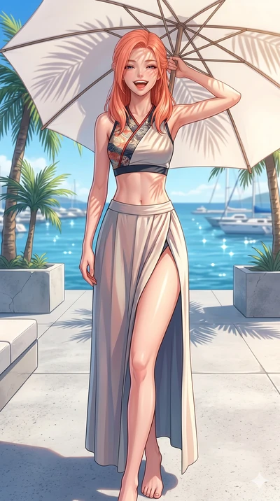 score_9, masterpiece, best quality, ultra-detailed, high-budget anime keyframe, vibrant anime aesthetic, Japanese woman. cowboy shot from the thighs up, character and outfit filling the frame for maximum presence. She is posing with a delightful laug