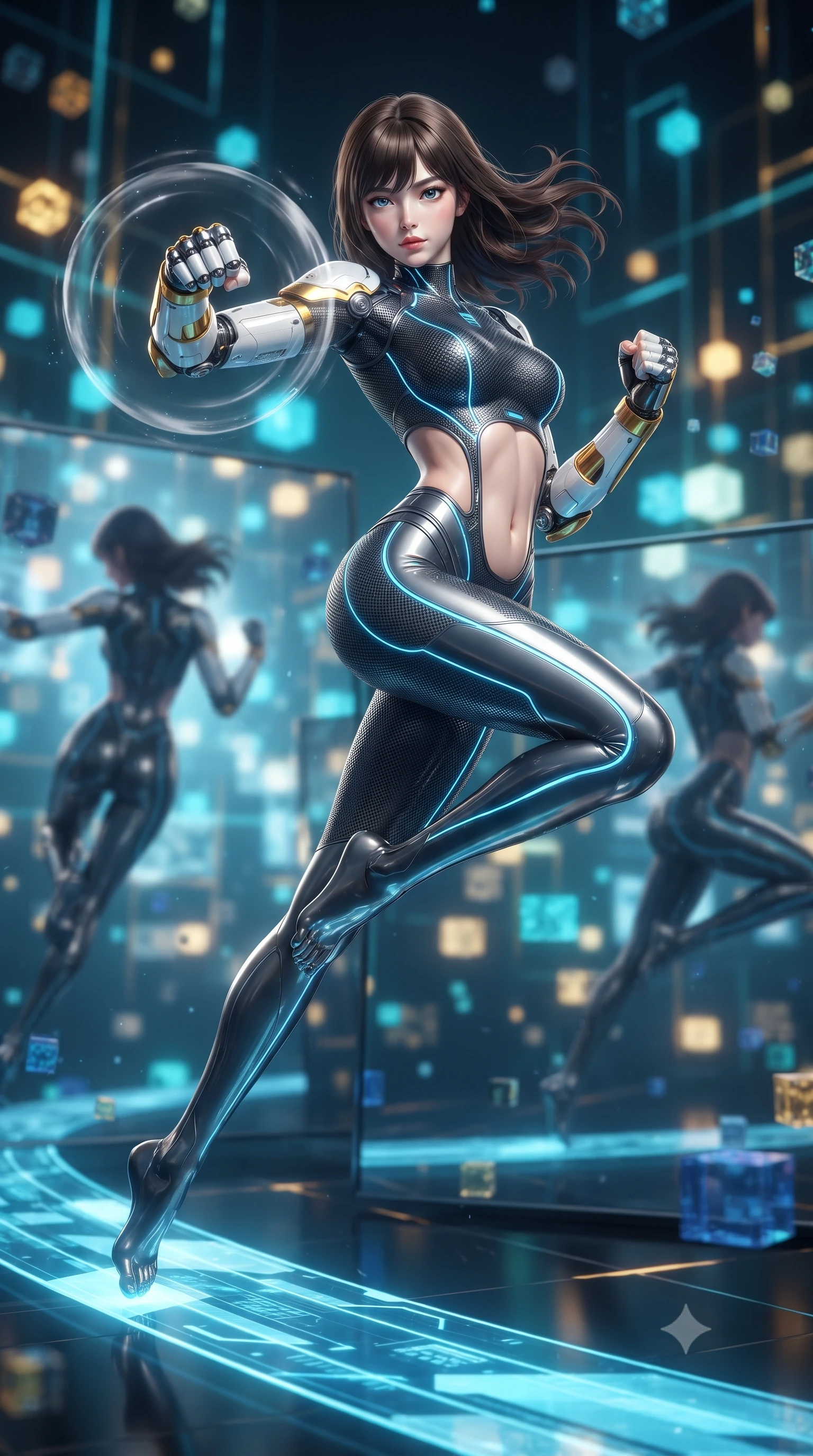 score_9, masterpiece, best quality, ultra-detailed, high-budget anime keyframe, editorial fashion photography, tasteful artistic composition, Korean woman. low angle full-body shot from head to toe showing her feet, filling the entire 9:16 vertical frame with her statuesque presence, stretching her vertical silhouette. leaping into mid-air with an athletic yet alluring arch of her spine, driving a downward kinetic strike surrounded by a ring of displaced air while stepping along a glowing blue data pathway with effortless sovereign grace as matrix mirrors reflect her silhouette. The composition keeps background elements in soft focus with creamy bokeh. pulsing quantum grid lines and floating data cubes blurred into rich electric cyan, gold, and sapphire bokeh. She has an absolutely perfect, statuesque 8.5-heads proportion, an exceptionally tall and slender model-like female figure with impossibly long slender legs, a toned flat midriff, and an ultra-slim waist. sharp v-shaped jawline, high-bridge nose, intricate jewel-like eyes with depth, thick eyelashes, glossy lips with a natural sheen, flawlessly proportioned anatomical accuracy, strict slender model proportions, natural body alignment, perfectly sculpted long slender limbs, ultra-slim waistline, clean dynamic posture without body distortion. wearing an aerodynamic dark titanium carbon-mesh jumper with glowing blue fiber lines and reinforced Damascus-pattern arm guards in arctic white carbon composite with radiant solar gold plating, tailored from flexible second-skin carbon-mesh that clings flawlessly to her athletic curves, detailed with magnetic knuckle shock-absorbers and polished chrome articulation joints, the precision-cut daring openings accentuating her delicate midriff, graceful bare collarbones, and ultra-slim feminine waistline. illuminated by sharp specular highlights tracing her ultra-slim waist, long legs, and sculpted collarbones. ultra-reflective glossy finish, specular highlights, dark metallic sheen, high-contrast stereoscopic depth, volumetric dynamic lighting, 2k, ultra detail, master piece, 9:16 ratio
